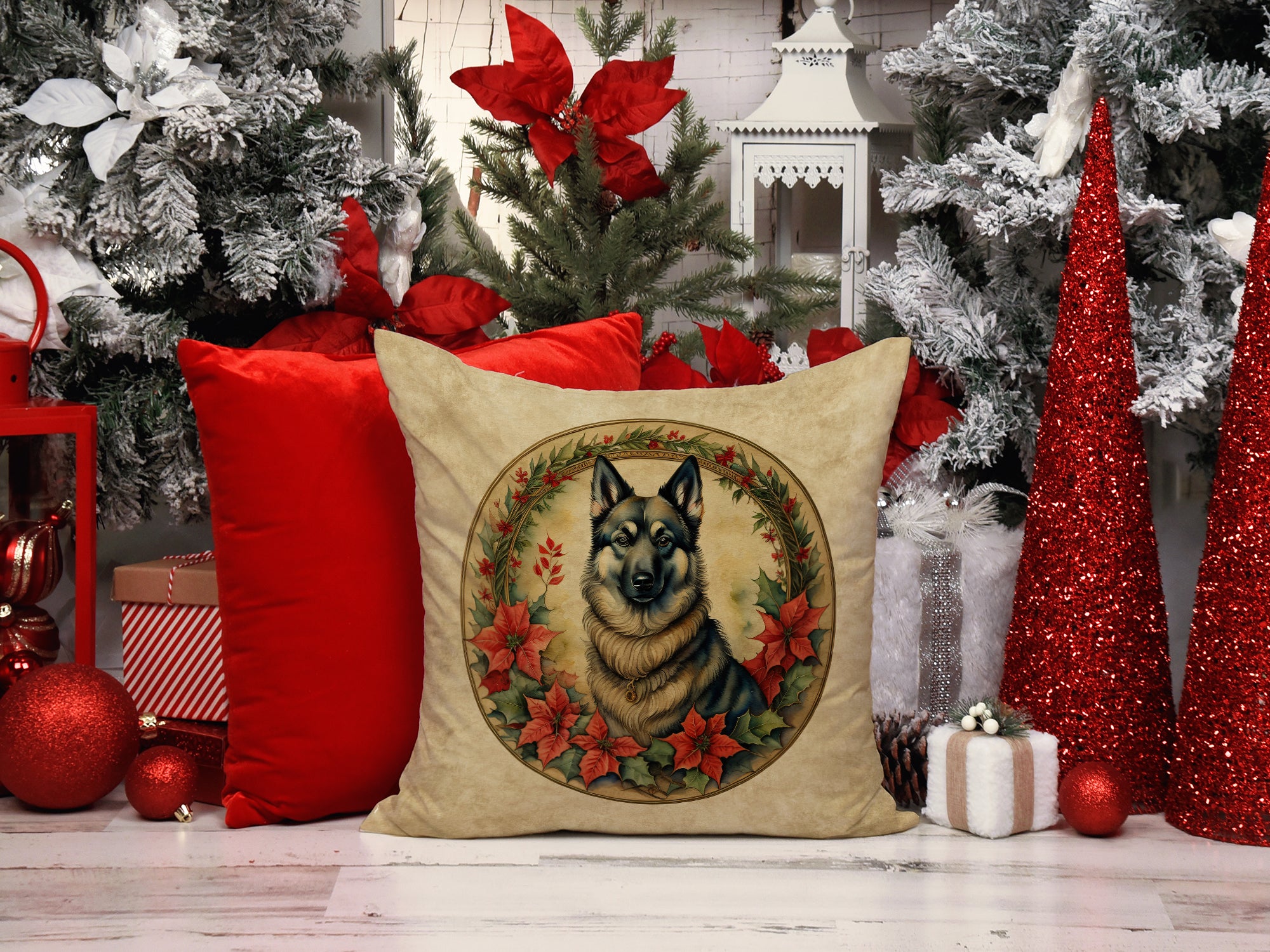 Norwegian Elkhound Christmas Flowers Throw Pillow