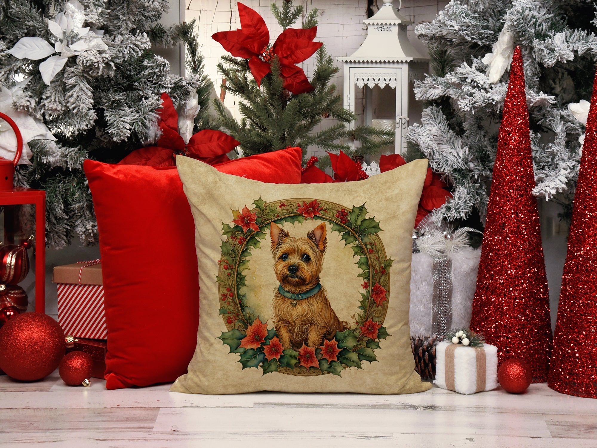 Norwich Terrier Christmas Flowers Throw Pillow