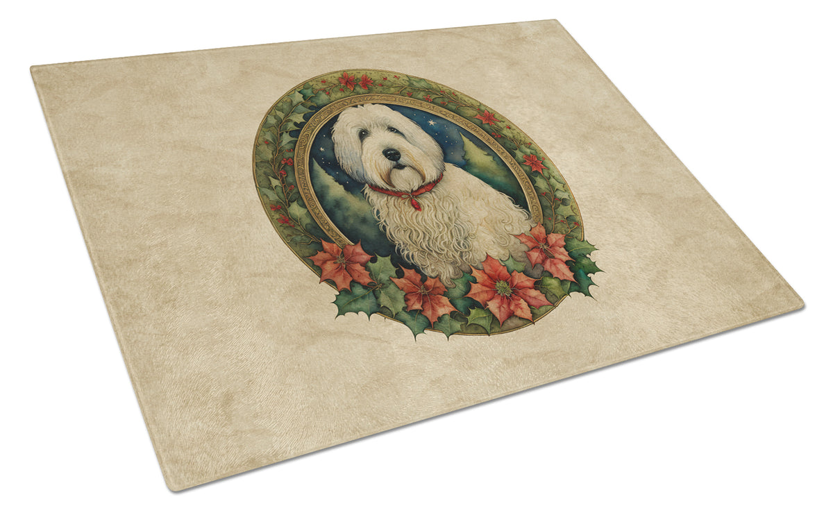 Buy this Old English Sheepdog Christmas Flowers Glass Cutting Board