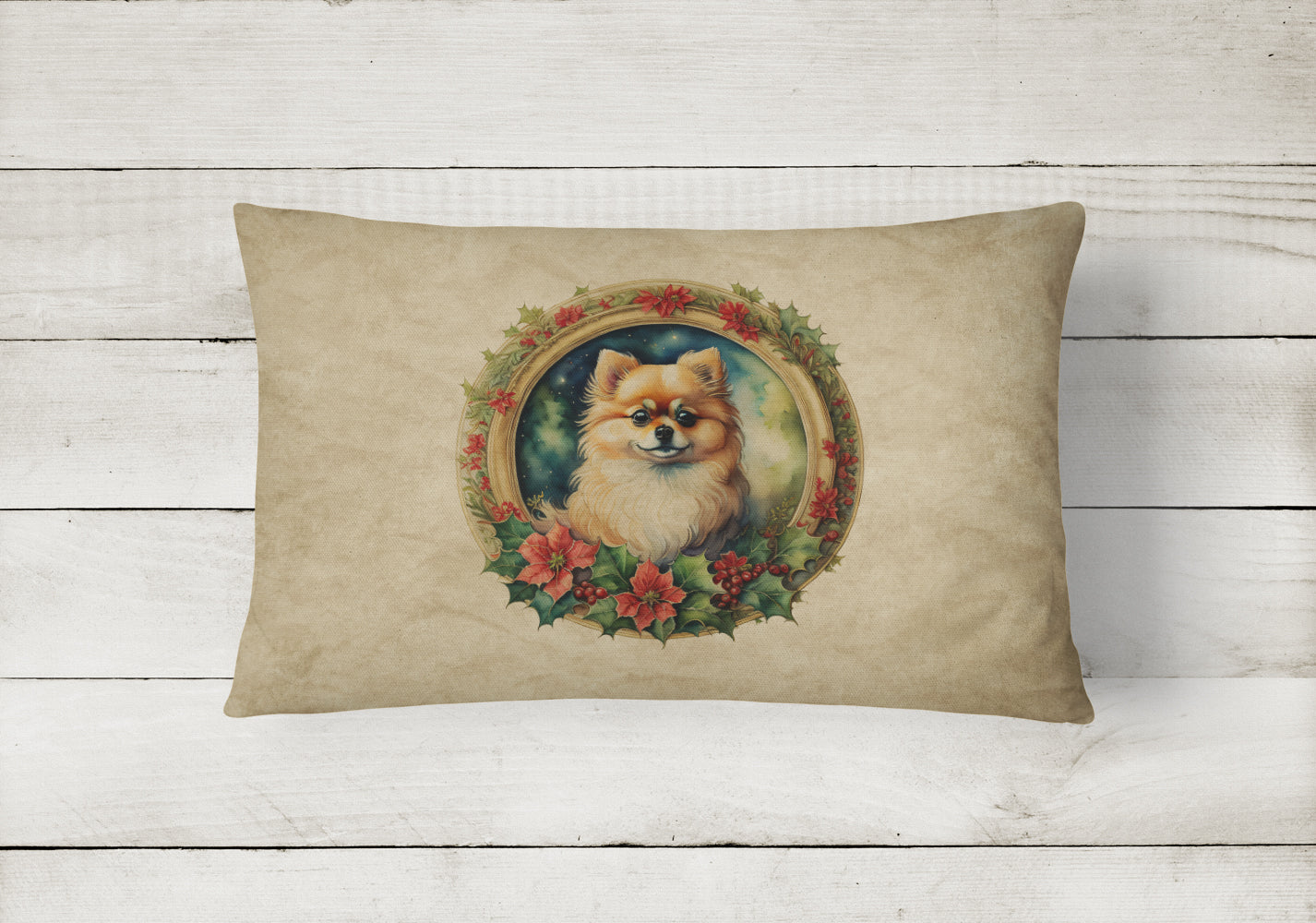 Pomeranian Christmas Flowers Throw Pillow