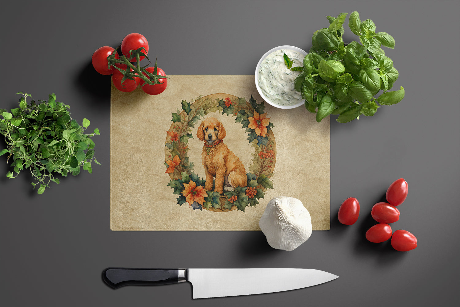Poodle Christmas Flowers Glass Cutting Board