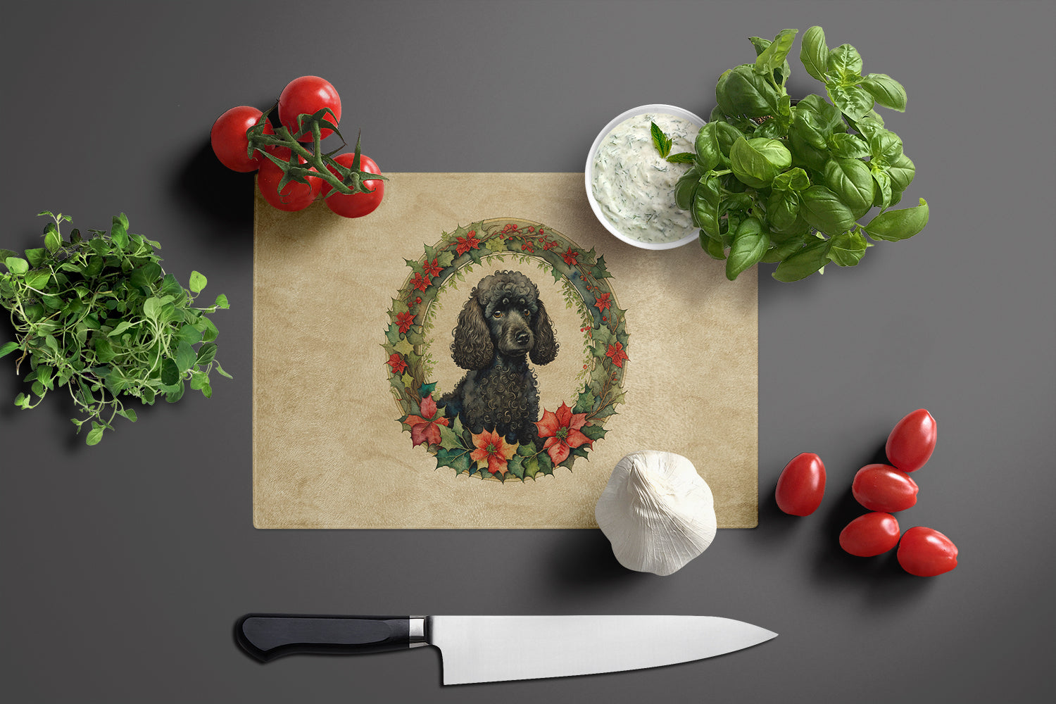 Poodle Christmas Flowers Glass Cutting Board