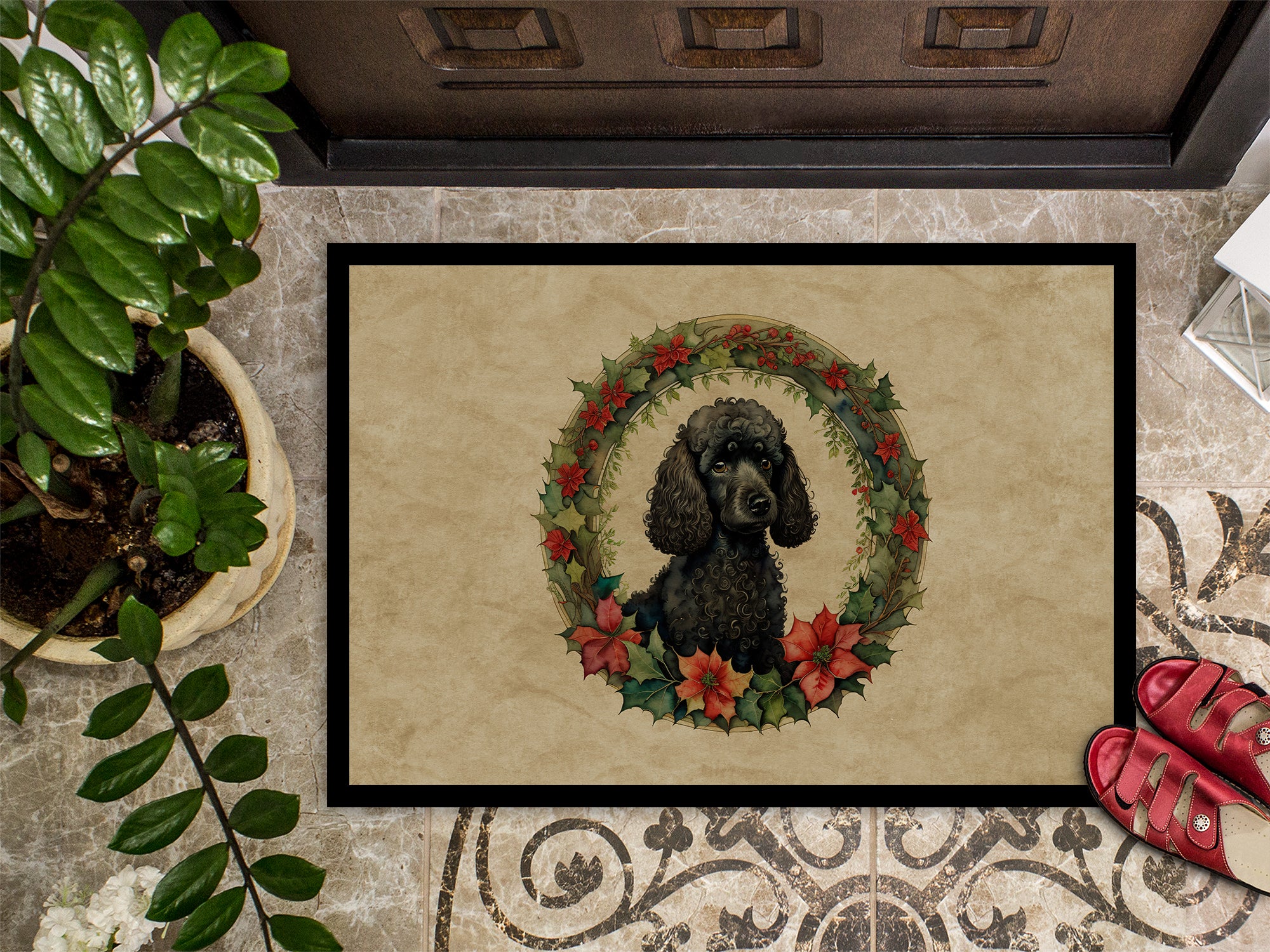 Poodle Christmas Flowers Doormat