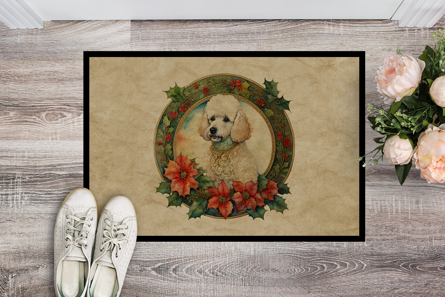 Buy this Poodle Christmas Flowers Doormat