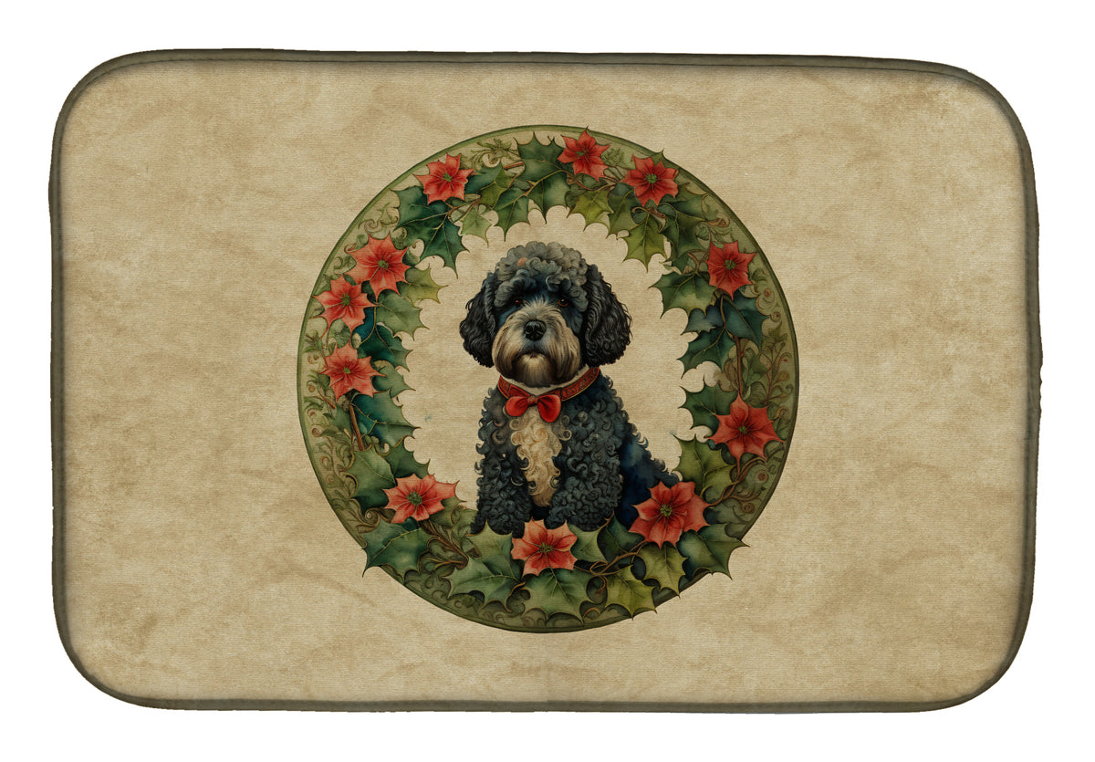 Buy this Portuguese Water Dog Christmas Flowers Dish Drying Mat