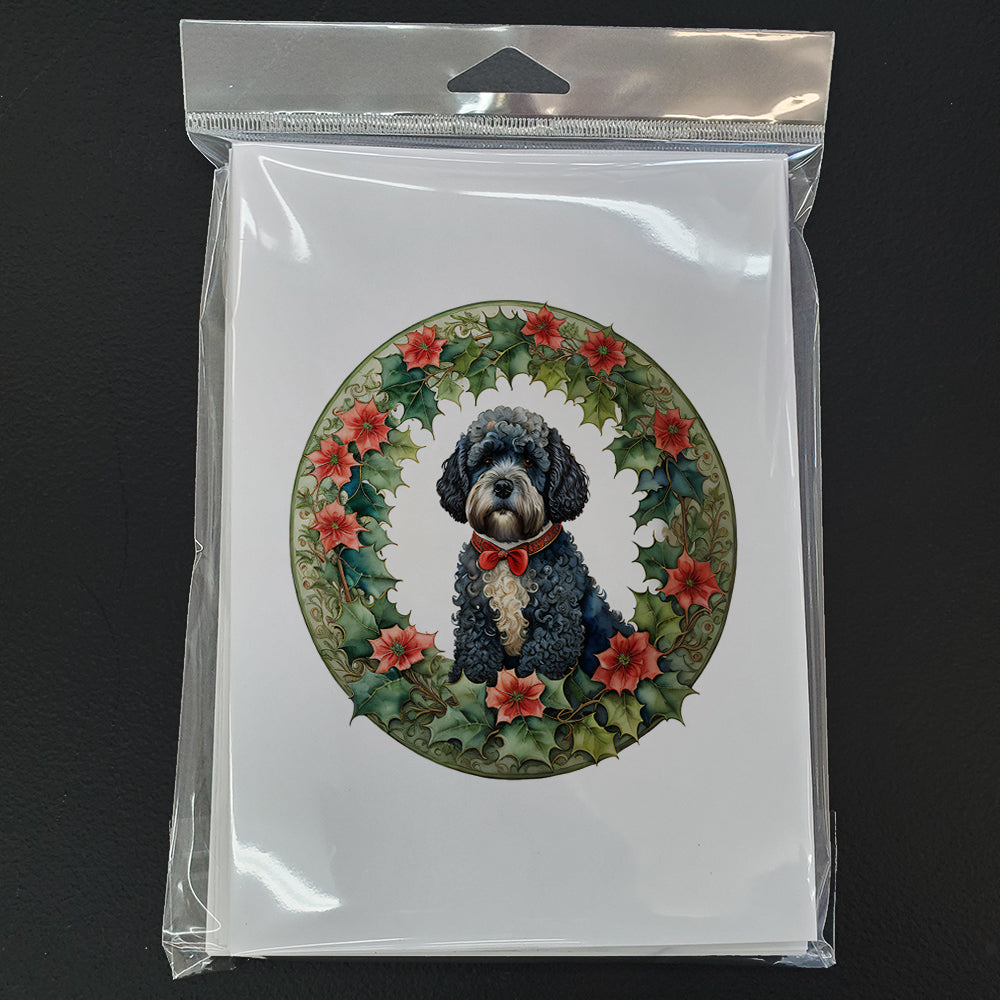 Portuguese Water Dog Christmas Flowers Greeting Cards Pack of 8