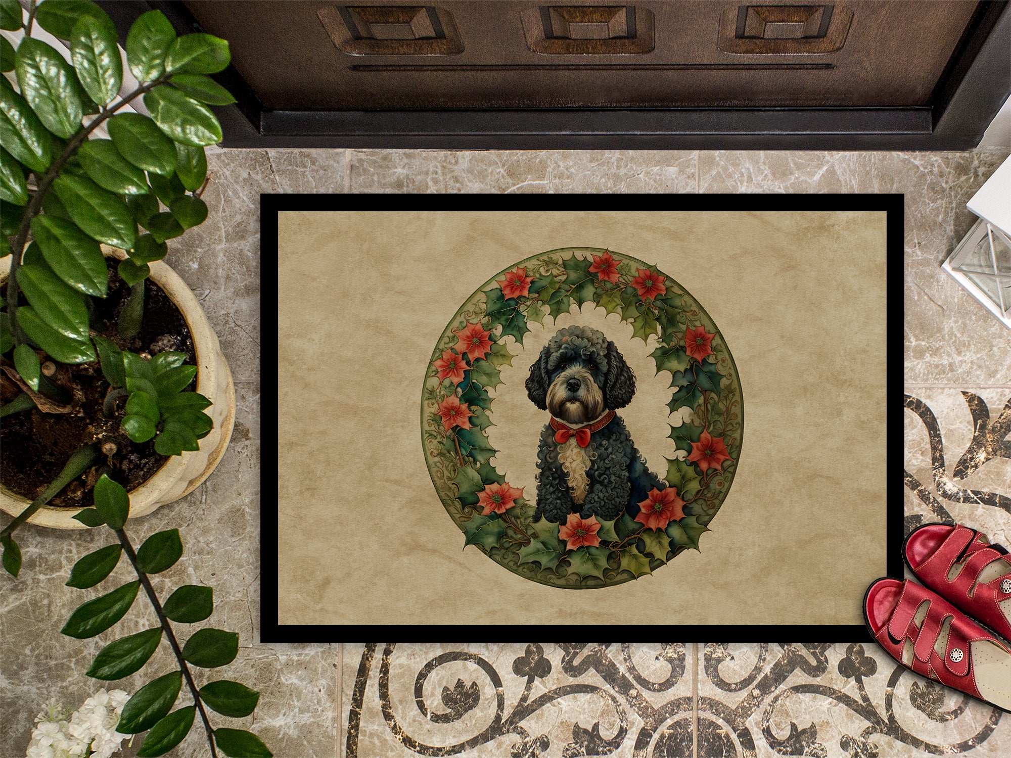 Portuguese Water Dog Christmas Flowers Doormat