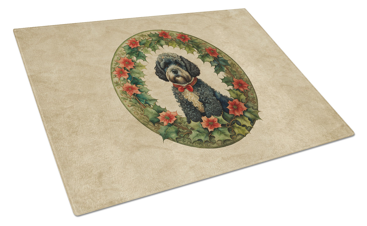 Buy this Portuguese Water Dog Christmas Flowers Glass Cutting Board