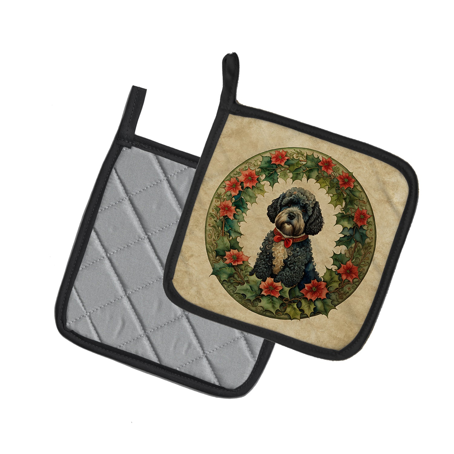 Portuguese Water Dog Christmas Flowers Pair of Pot Holders