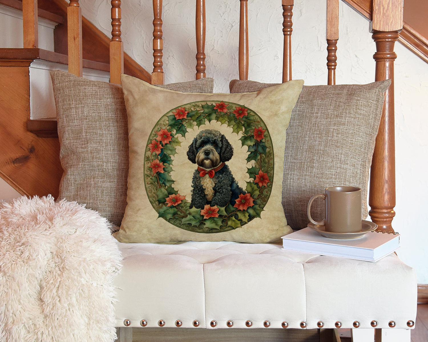 Portuguese Water Dog Christmas Flowers Throw Pillow