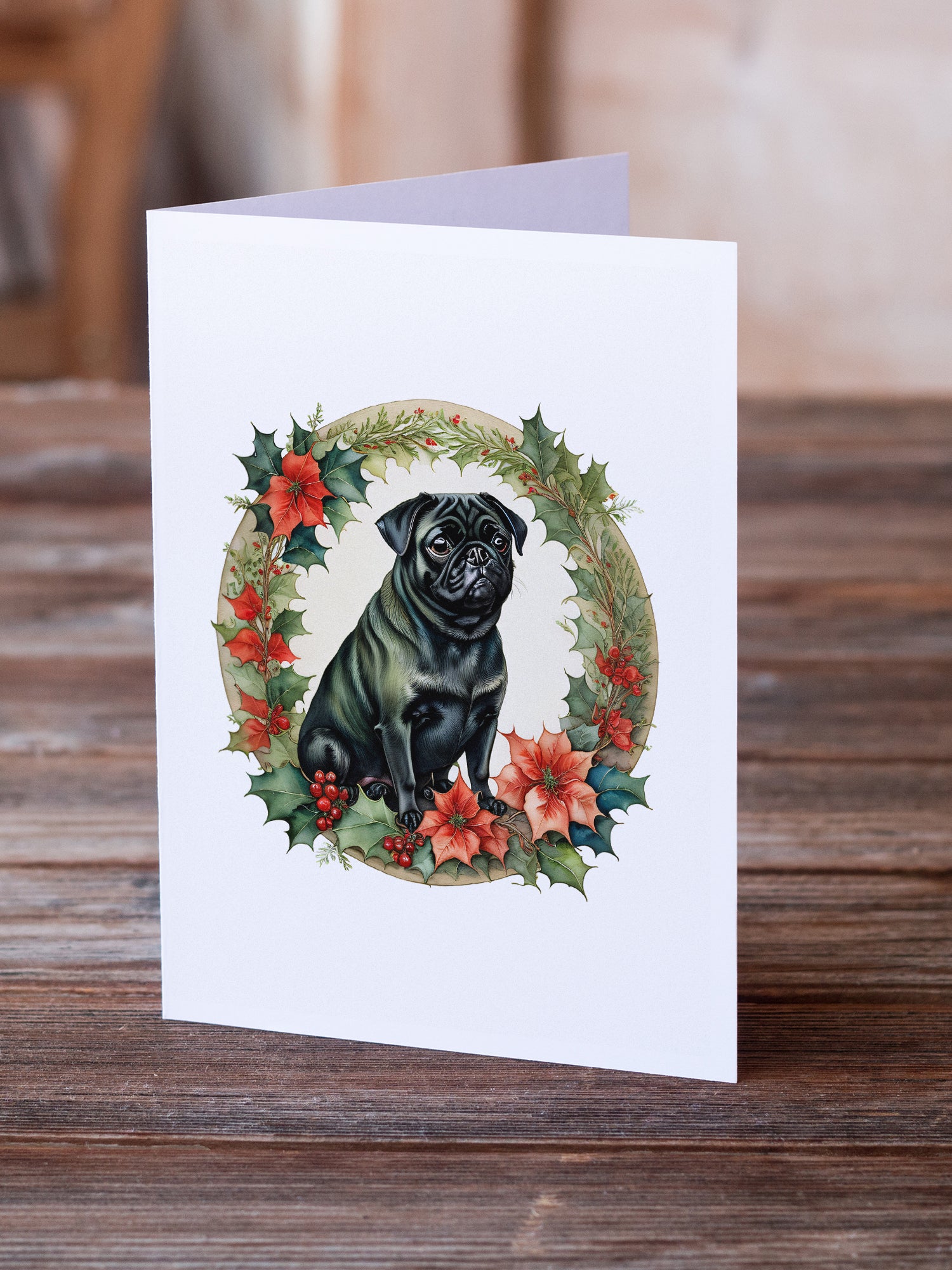 Pug Christmas Flowers Greeting Cards Pack of 8