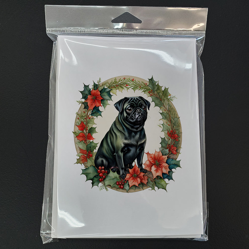 Pug Christmas Flowers Greeting Cards Pack of 8