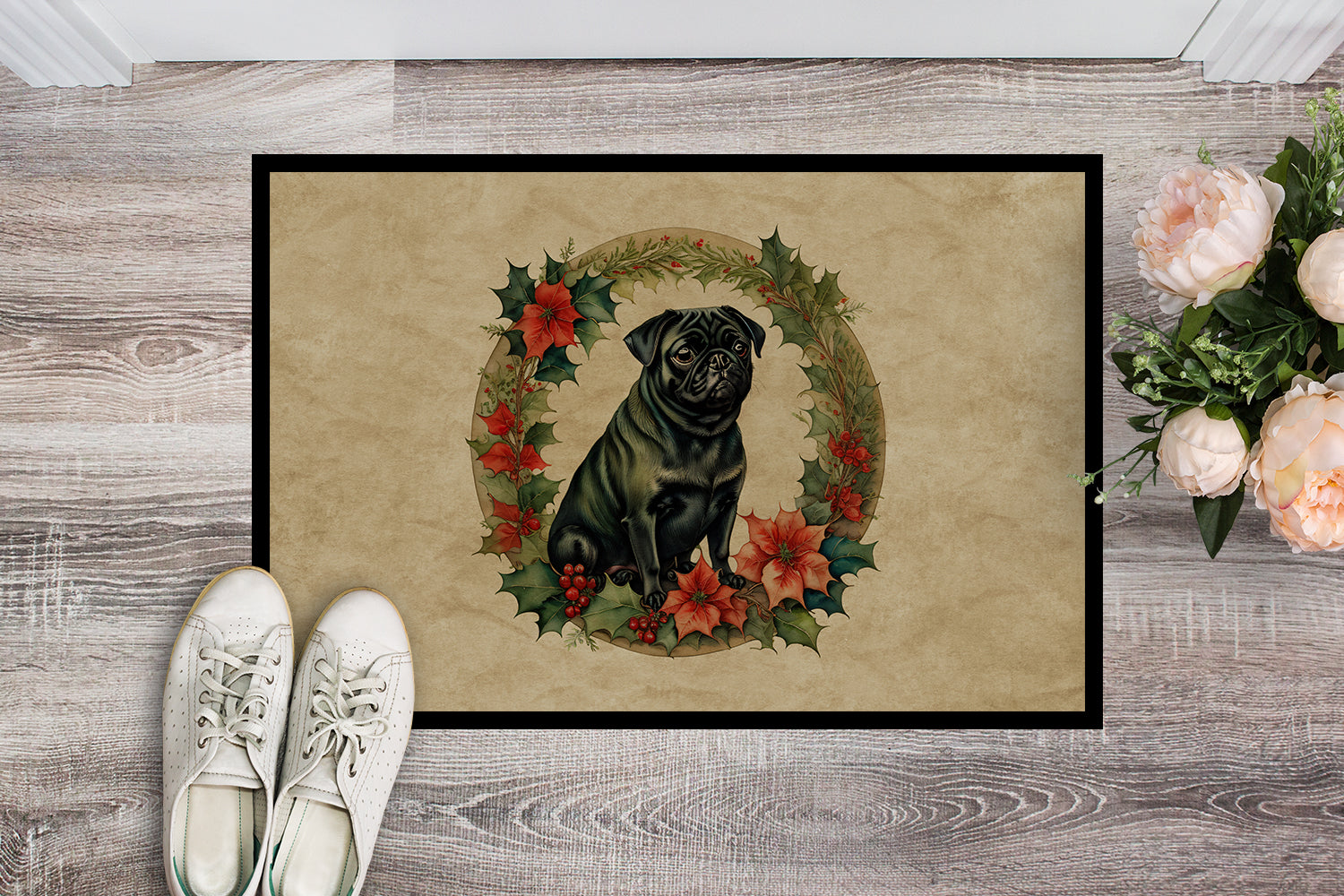 Pug Christmas Flowers Doormat