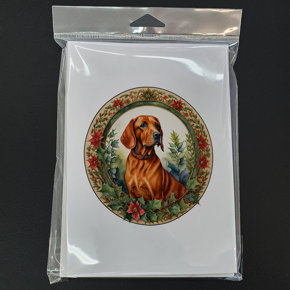 Red Redbone Coonhound Christmas Flowers Greeting Cards Pack of 8