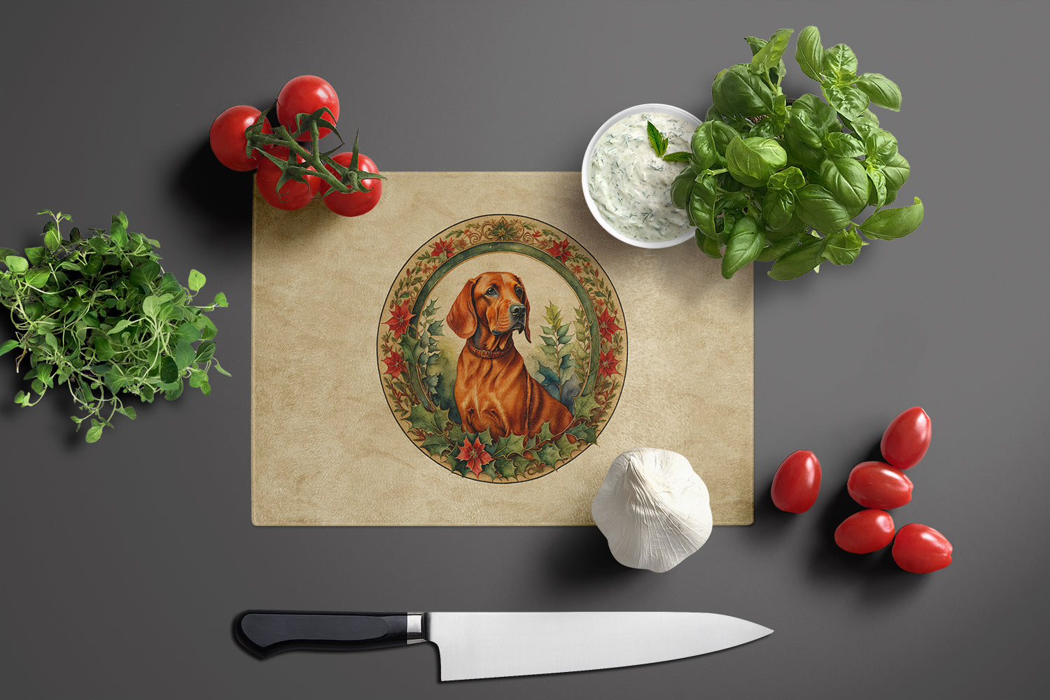 Red Redbone Coonhound Christmas Flowers Glass Cutting Board