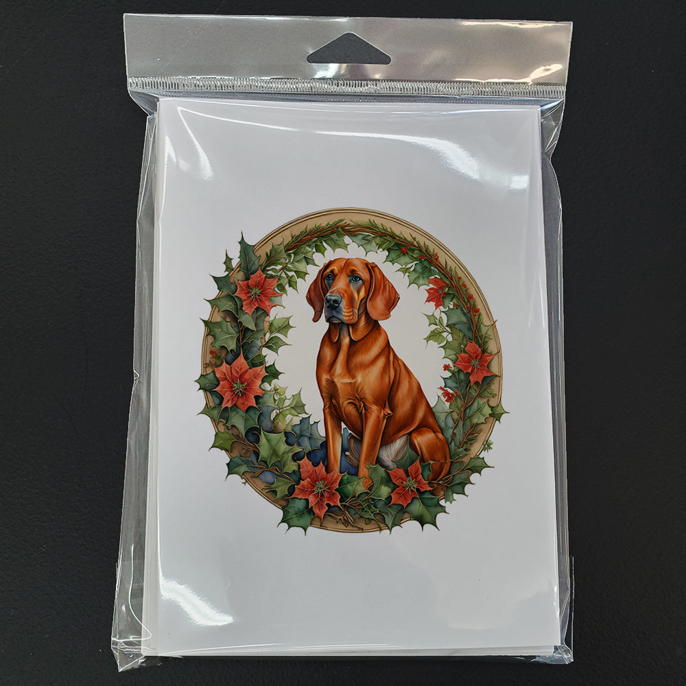 Red Redbone Coonhound Christmas Flowers Greeting Cards Pack of 8