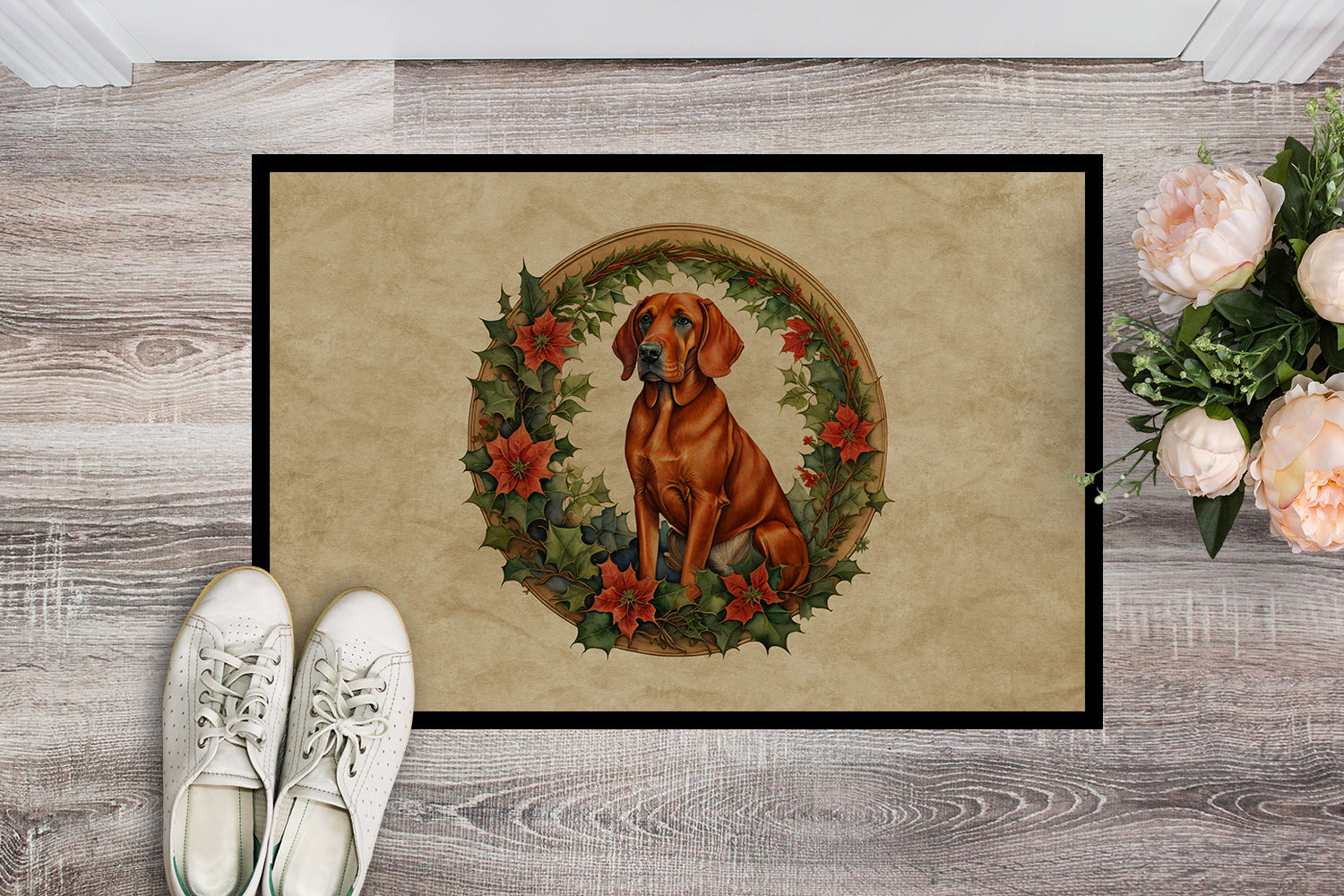 Red Redbone Coonhound Christmas Flowers Doormat