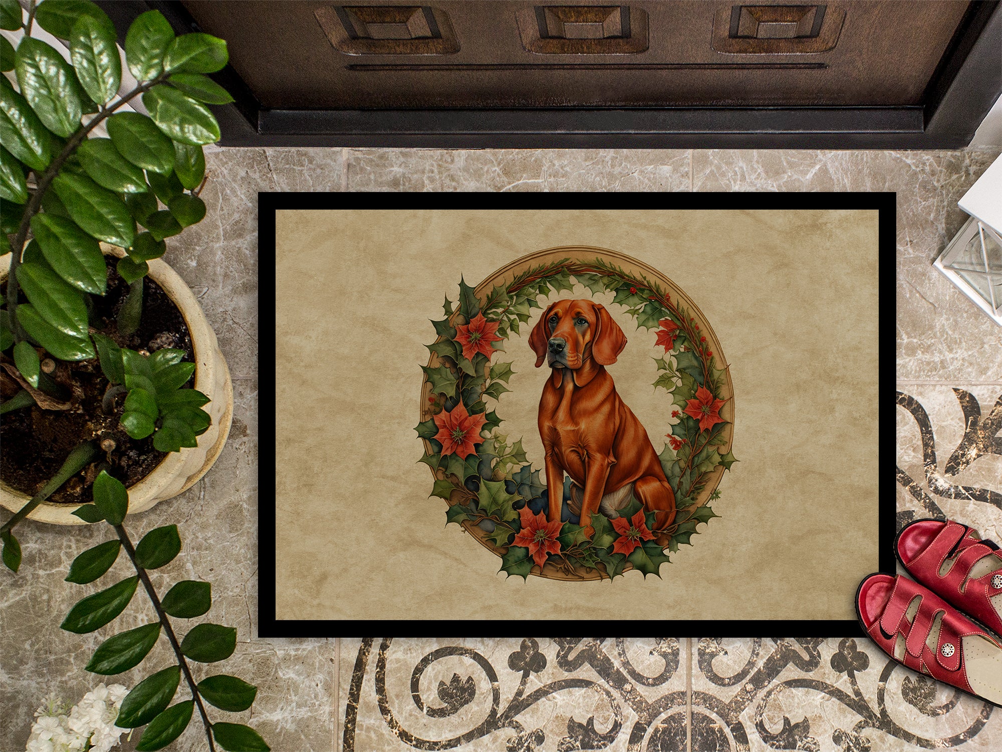 Red Redbone Coonhound Christmas Flowers Doormat