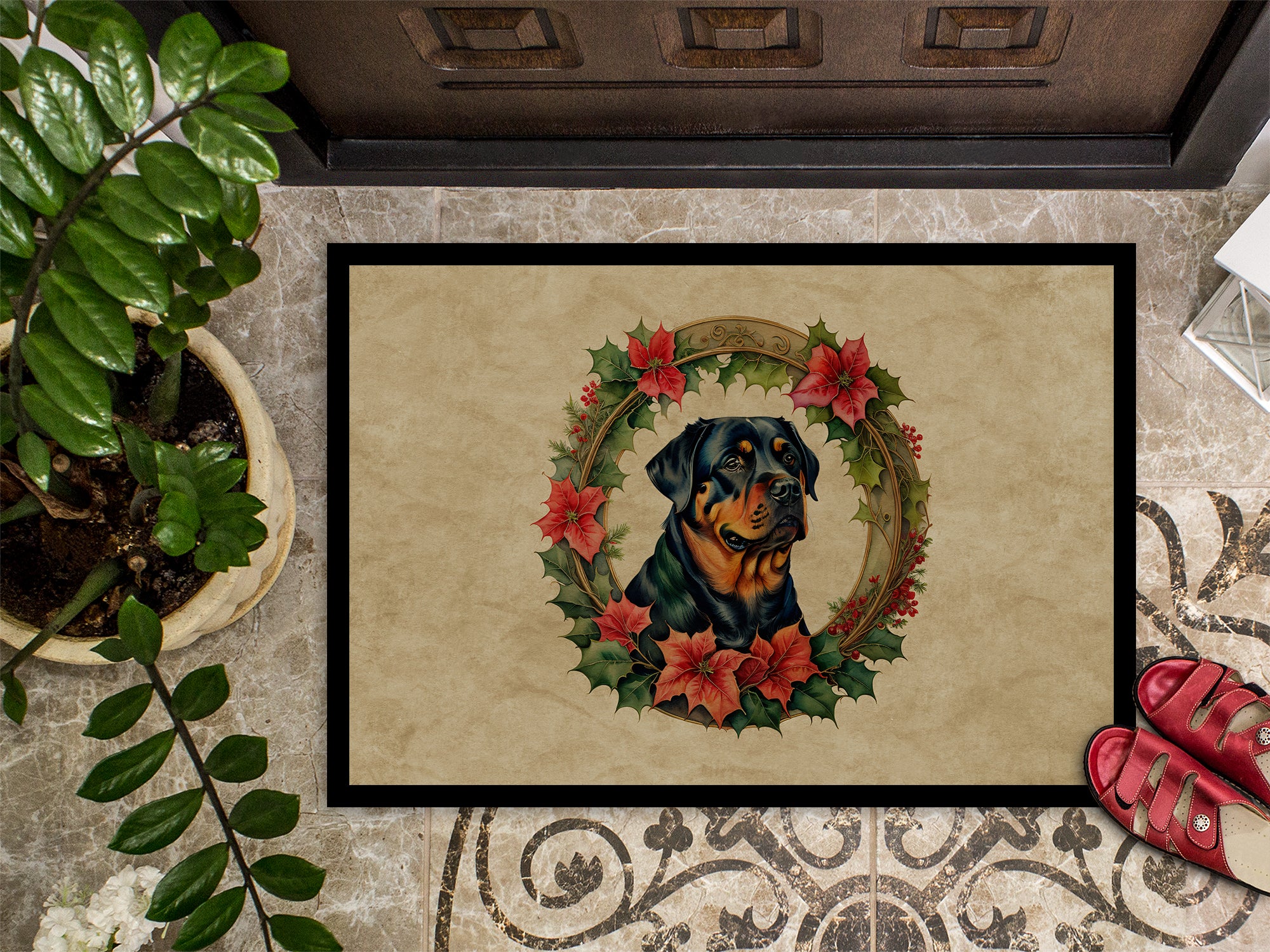 Rottweiler Christmas Flowers Doormat