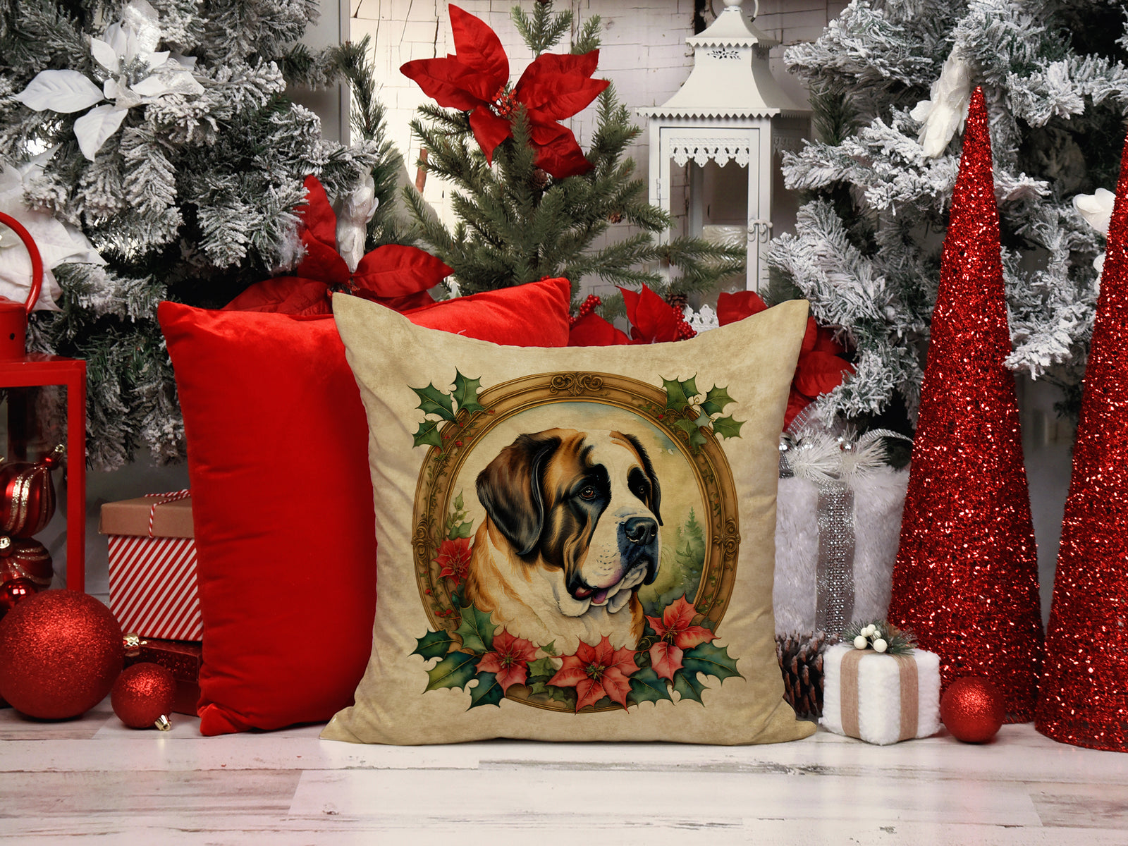 Caroline's Treasures Saint Bernard Christmas Flowers Throw Pillow