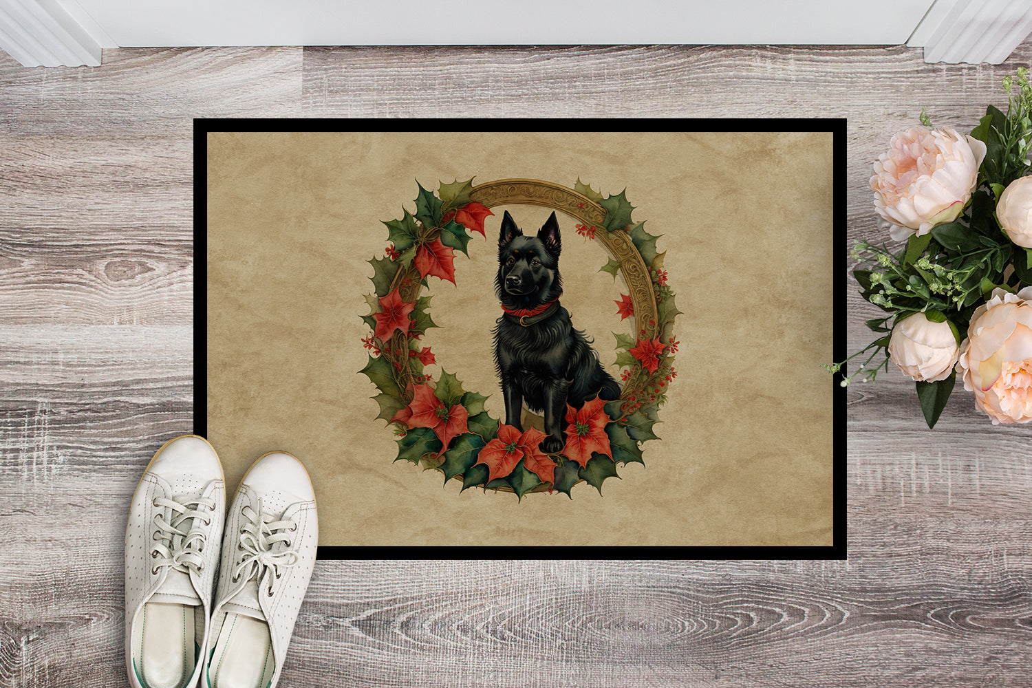 Buy this Schipperke Christmas Flowers Doormat