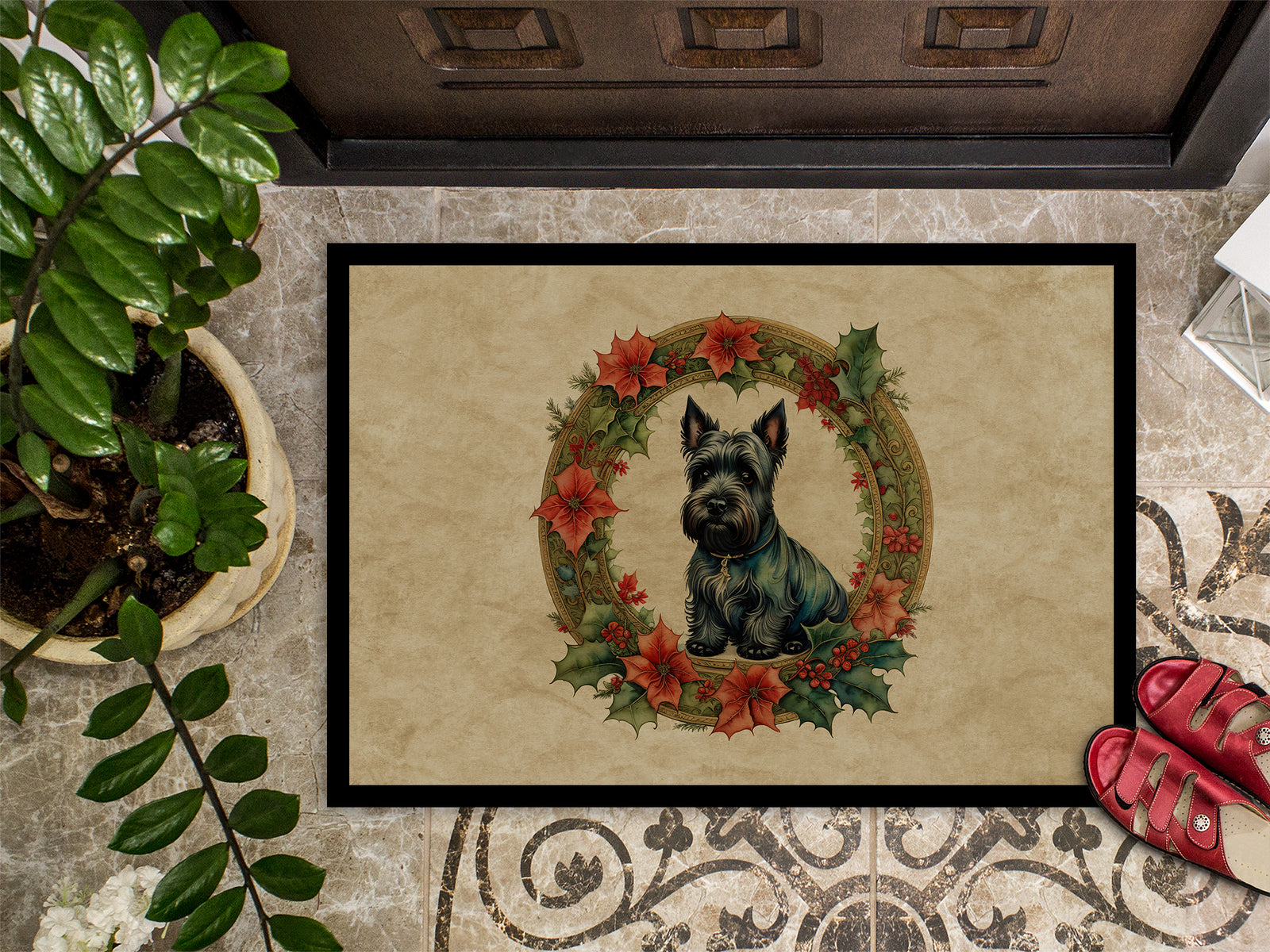 Caroline's Treasures Scottish Terrier Christmas Flowers Doormat