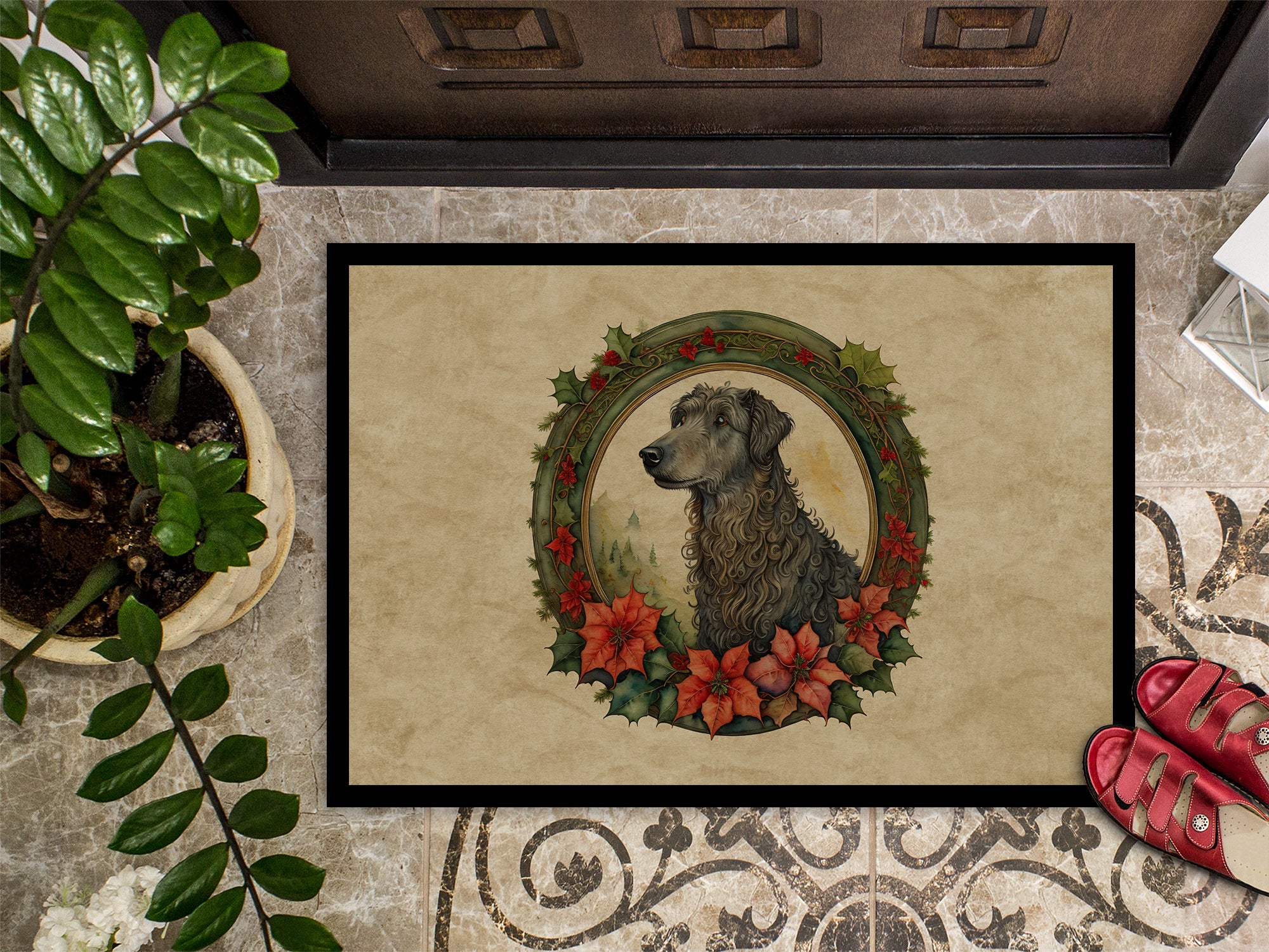 Scottish Deerhound Christmas Flowers Doormat
