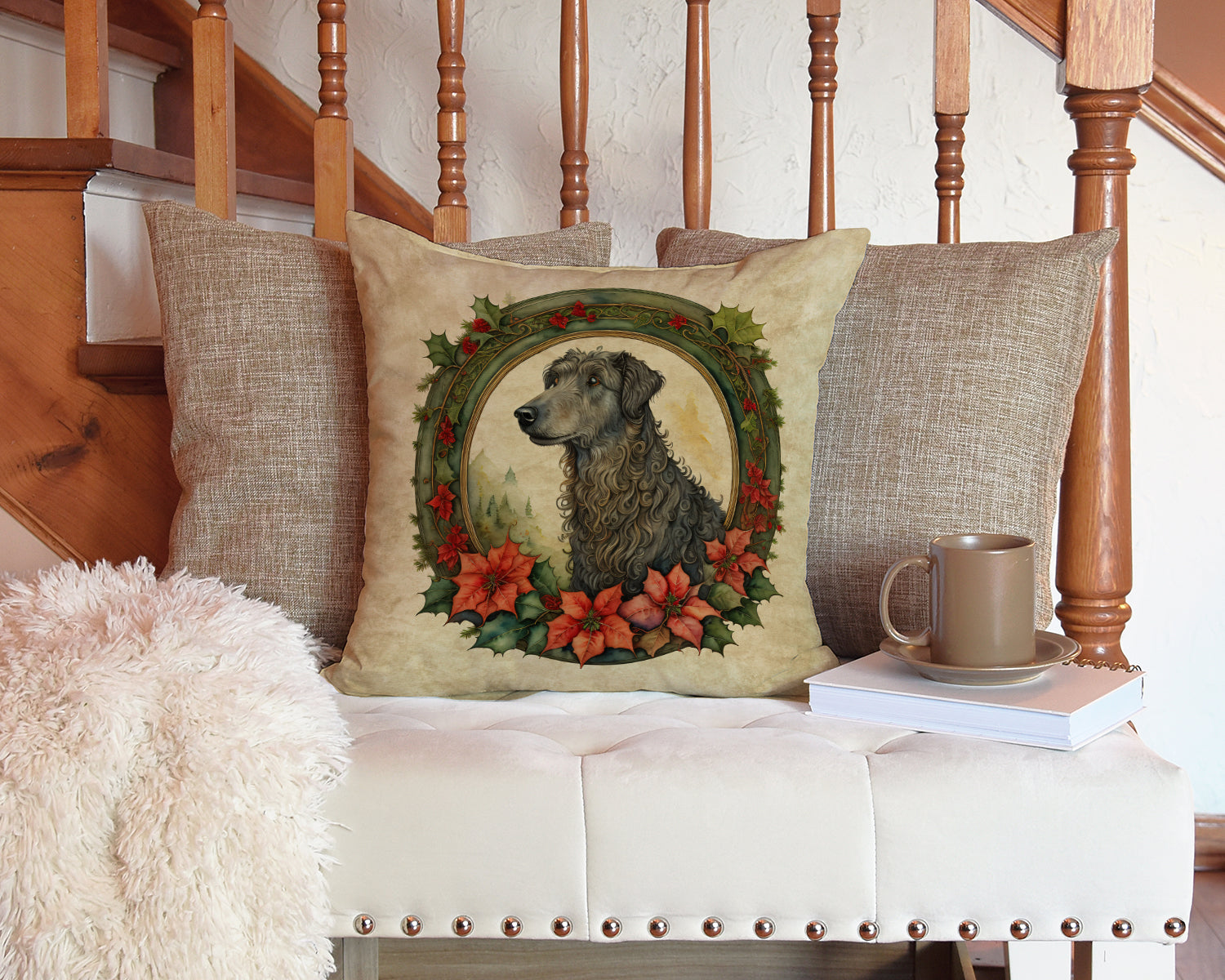 Scottish Deerhound Christmas Flowers Throw Pillow