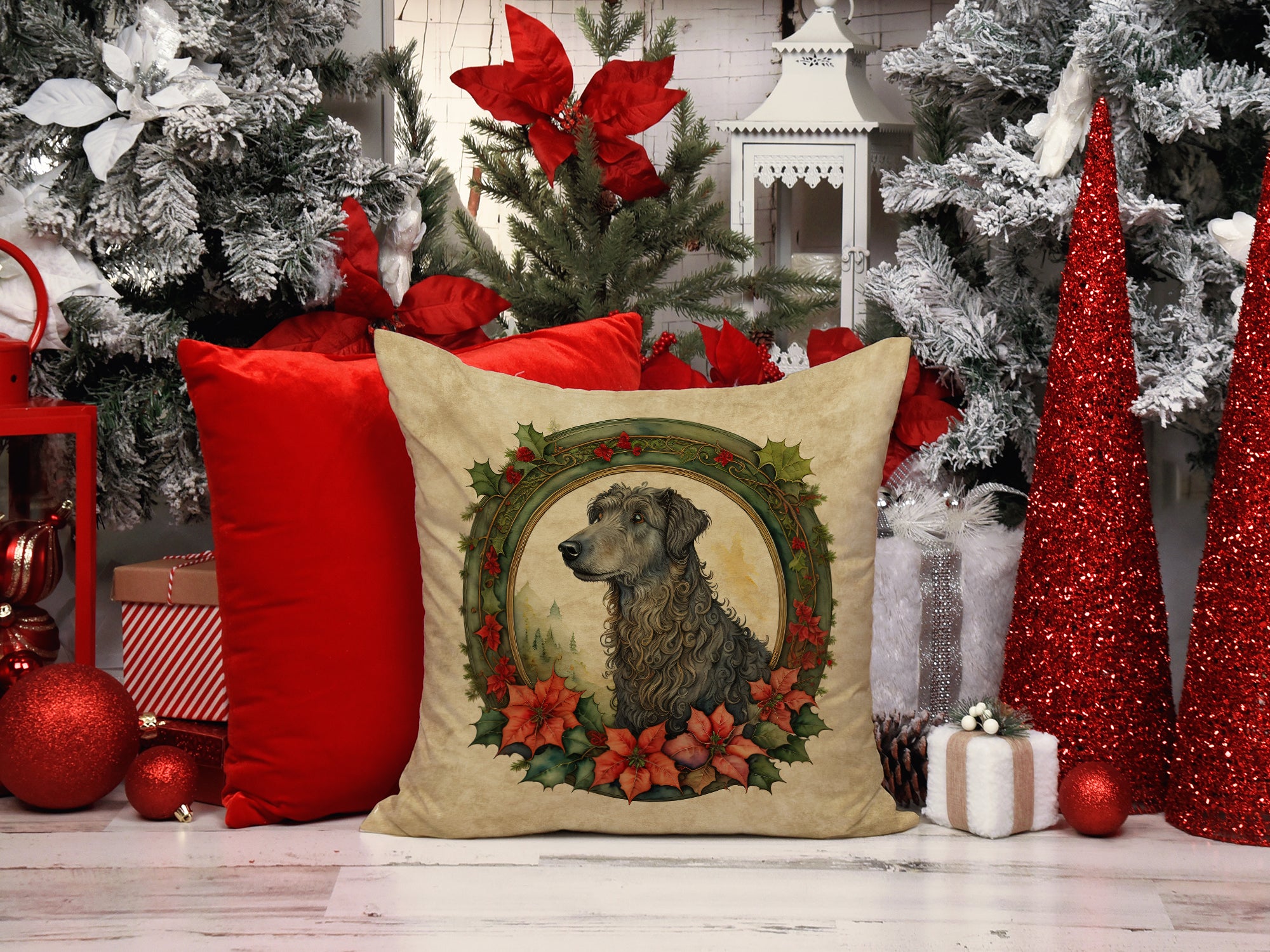 Scottish Deerhound Christmas Flowers Throw Pillow