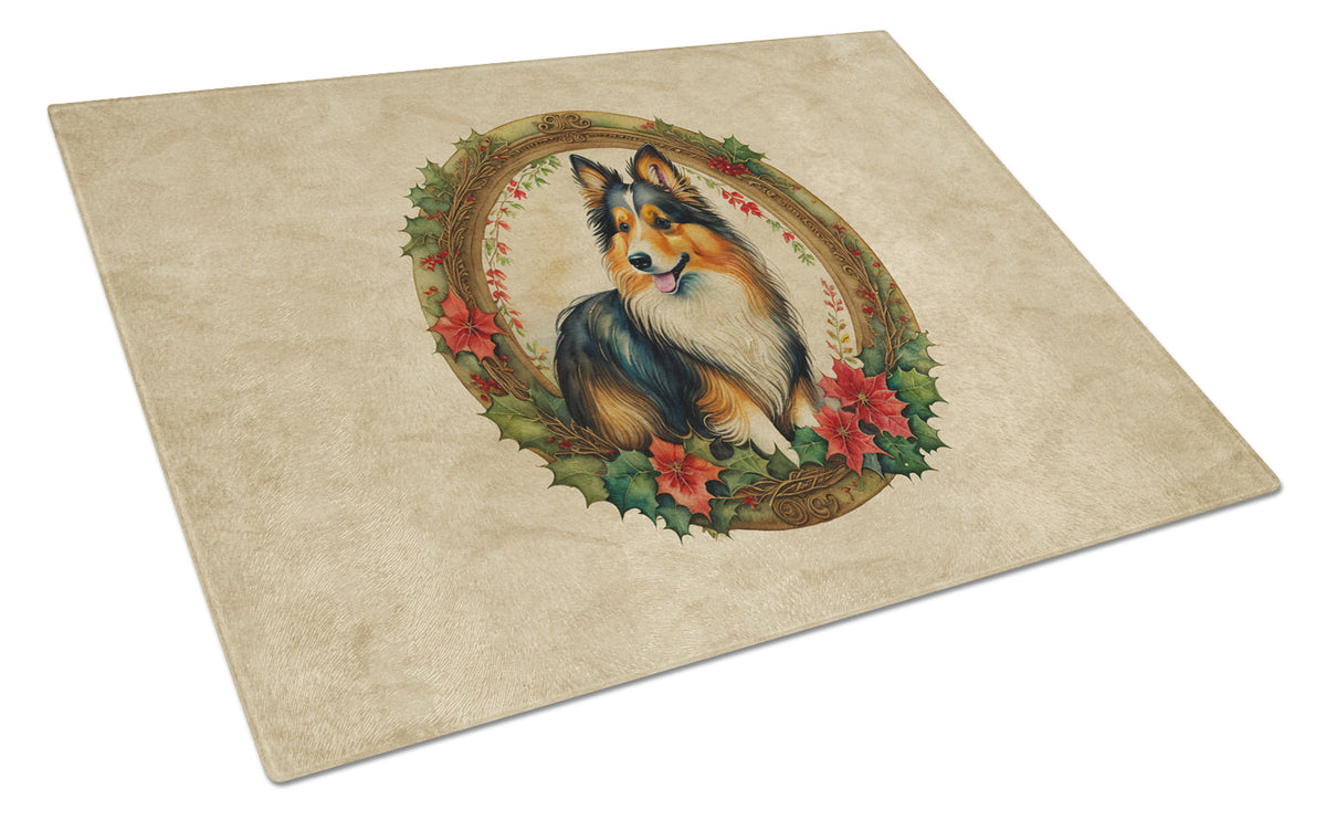 Buy this Sheltie Christmas Flowers Glass Cutting Board