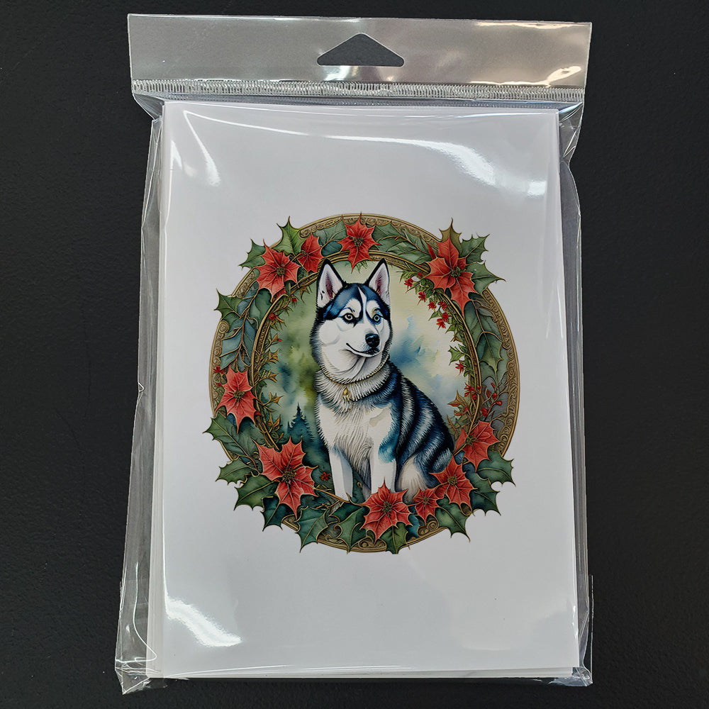 Siberian Husky Christmas Flowers Greeting Cards Pack of 8