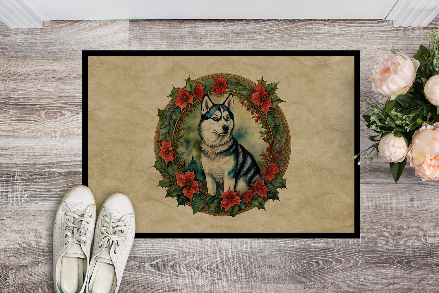 Siberian Husky Christmas Flowers Doormat
