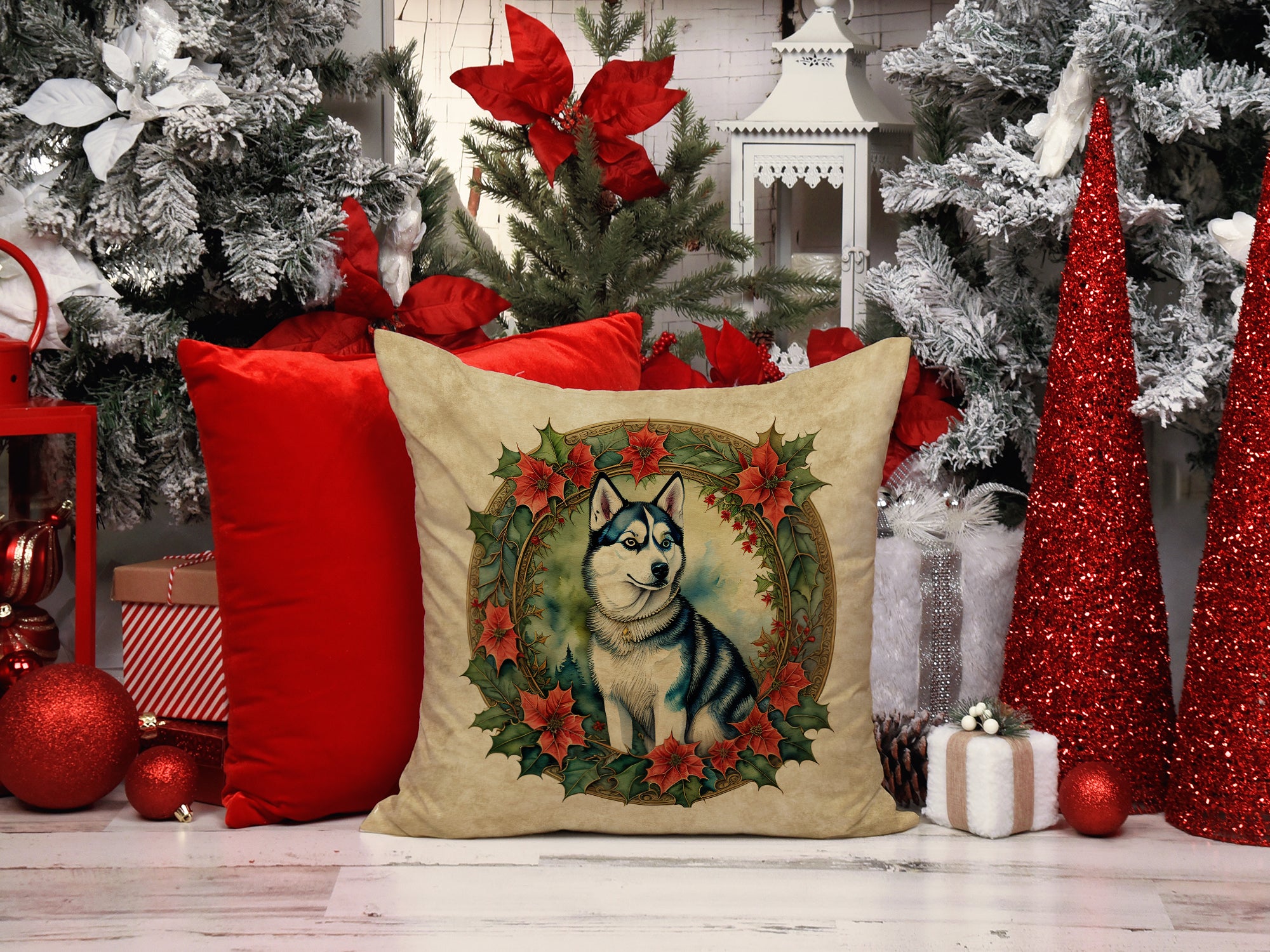 Siberian Husky Christmas Flowers Throw Pillow