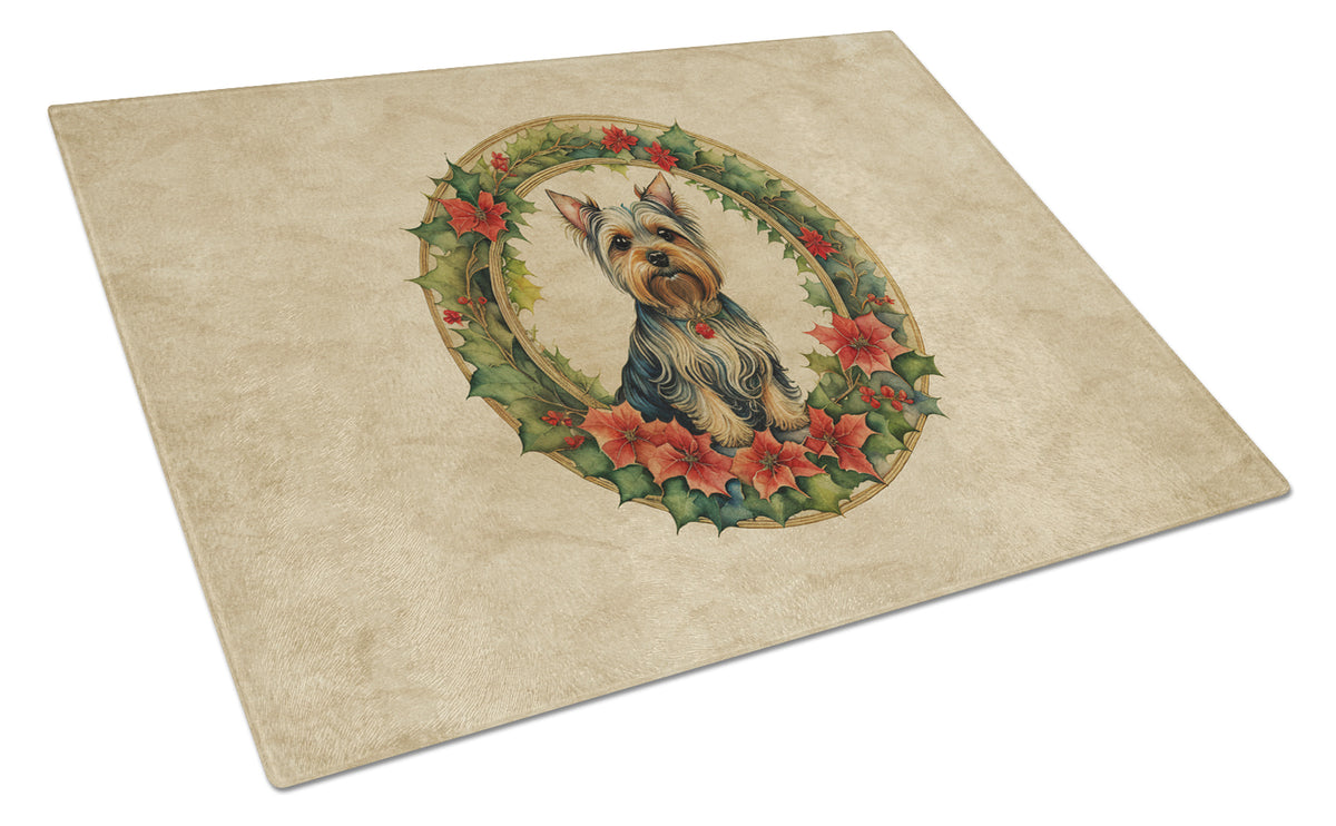 Buy this Silky Terrier Christmas Flowers Glass Cutting Board
