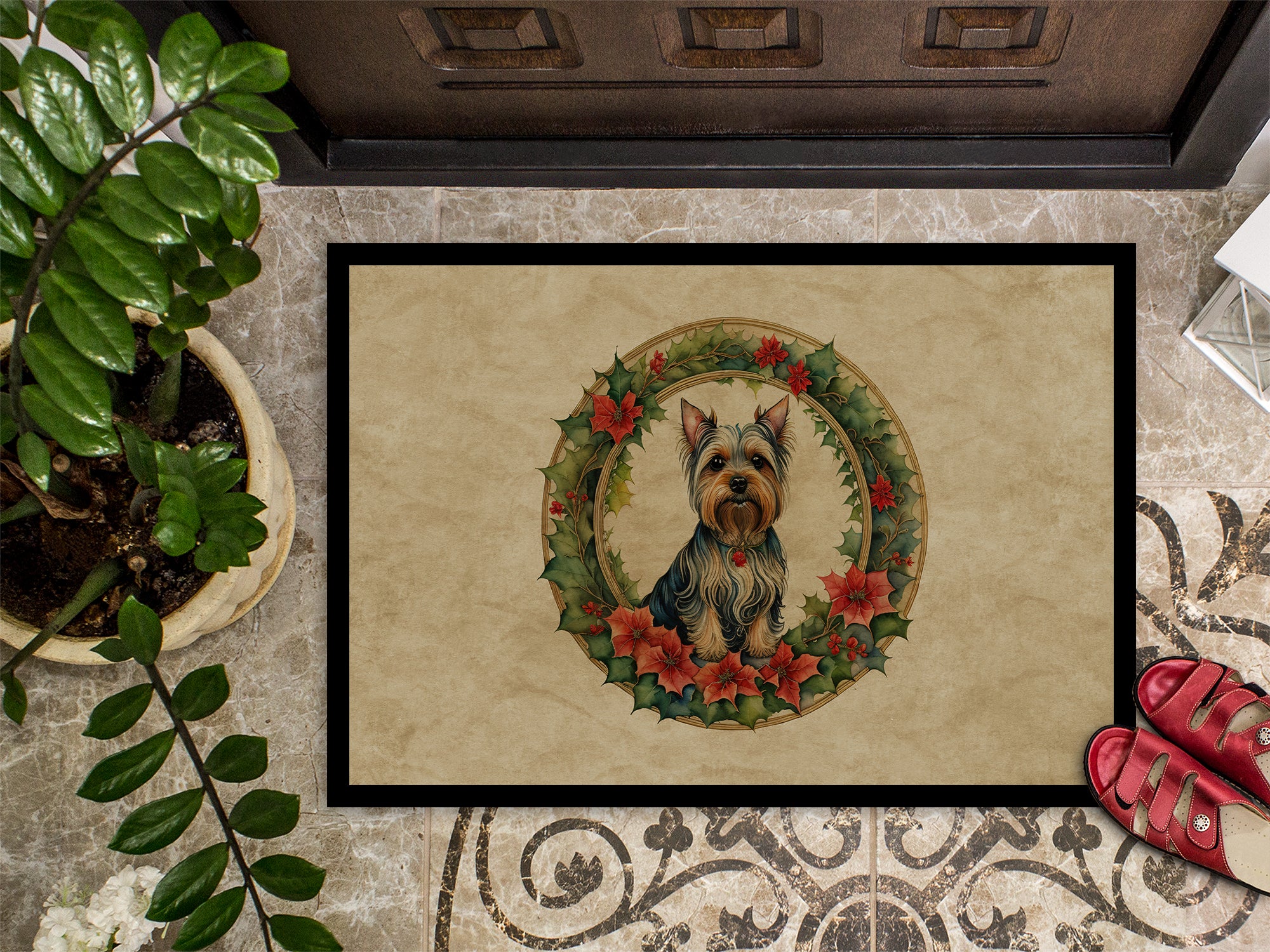 Silky Terrier Christmas Flowers Doormat