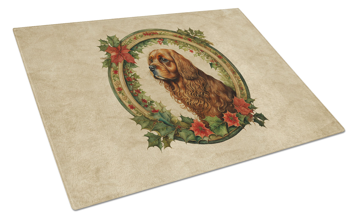 Buy this Sussex Spaniel Christmas Flowers Glass Cutting Board
