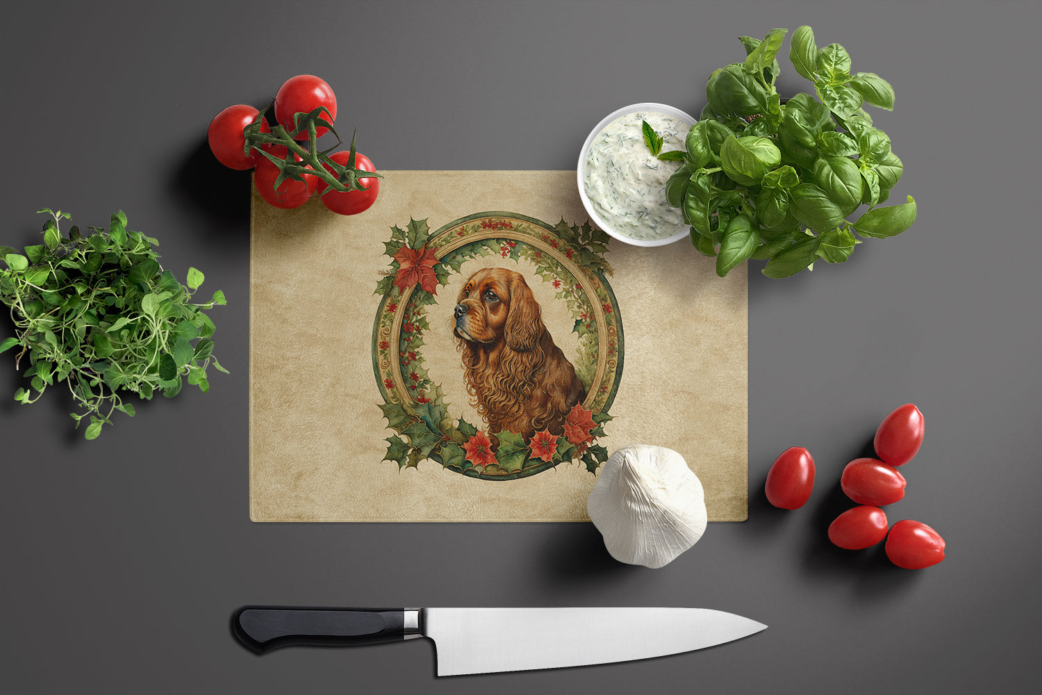 Sussex Spaniel Christmas Flowers Glass Cutting Board