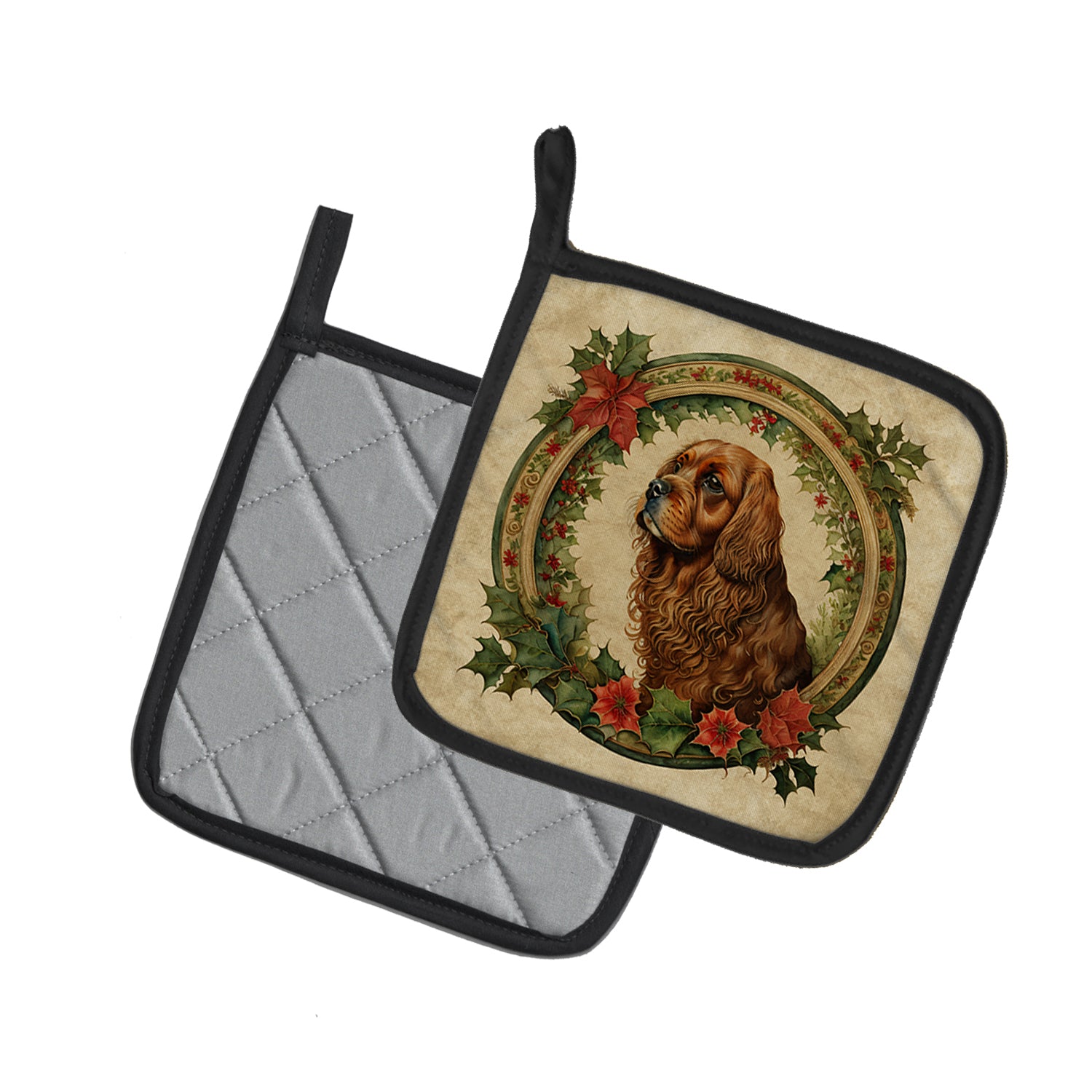Sussex Spaniel Christmas Flowers Pair of Pot Holders