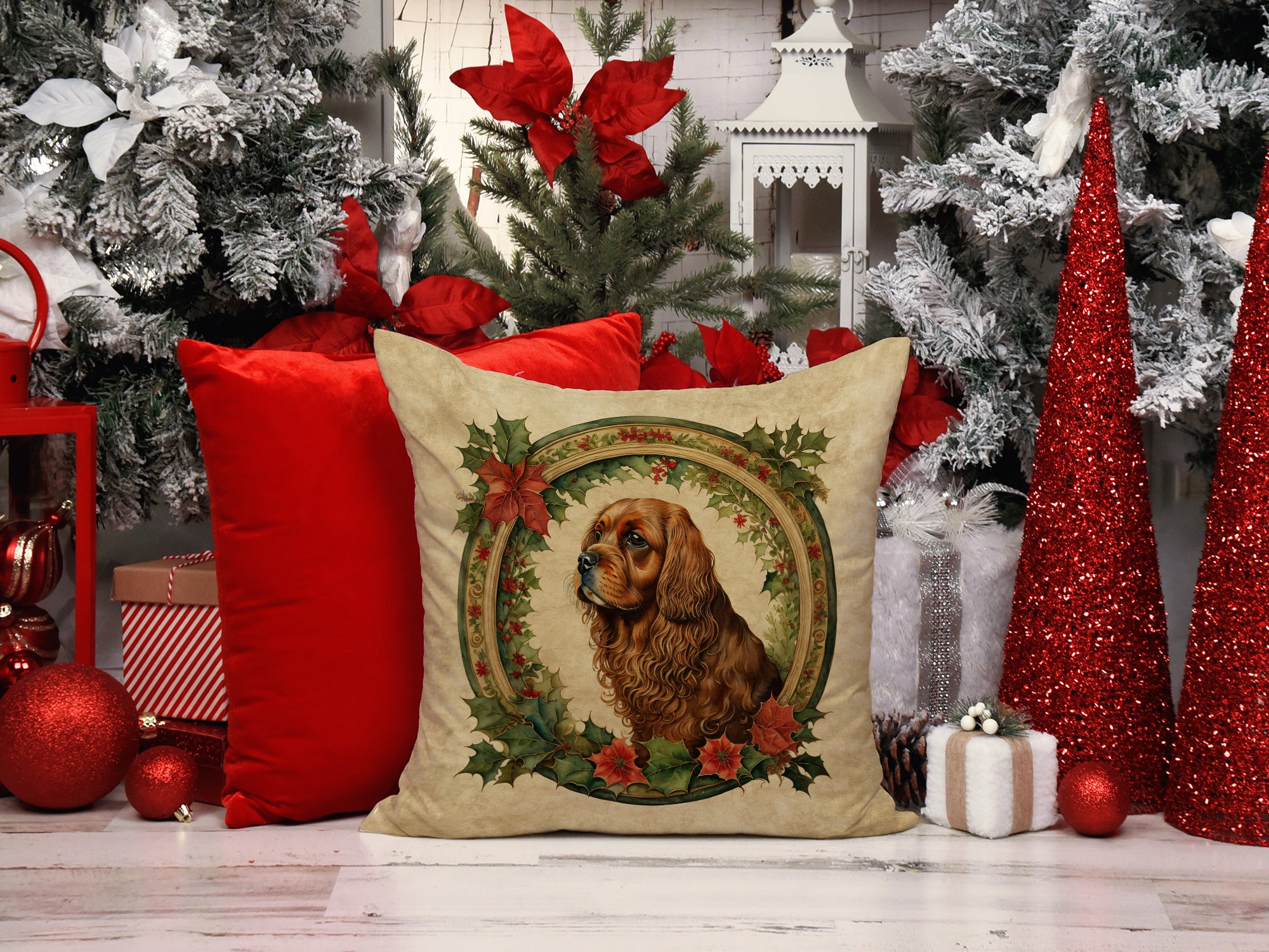 Sussex Spaniel Christmas Flowers Throw Pillow