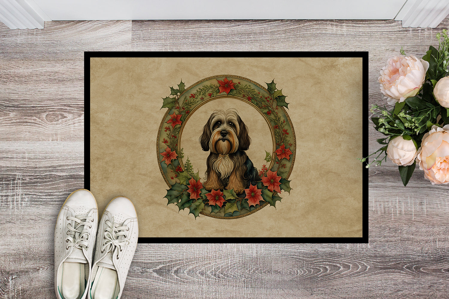 Caroline's Treasures Tibetan Terrier Christmas Flowers Doormat-24x36 Indoor / Outdoor Rug | Made in USA