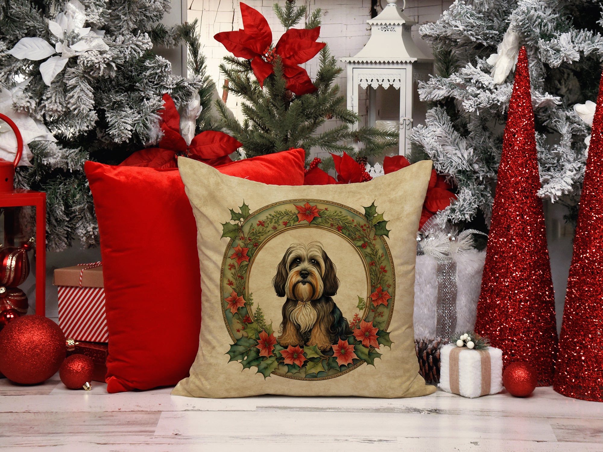 Buy this Tibetan Terrier Christmas Flowers Throw Pillow