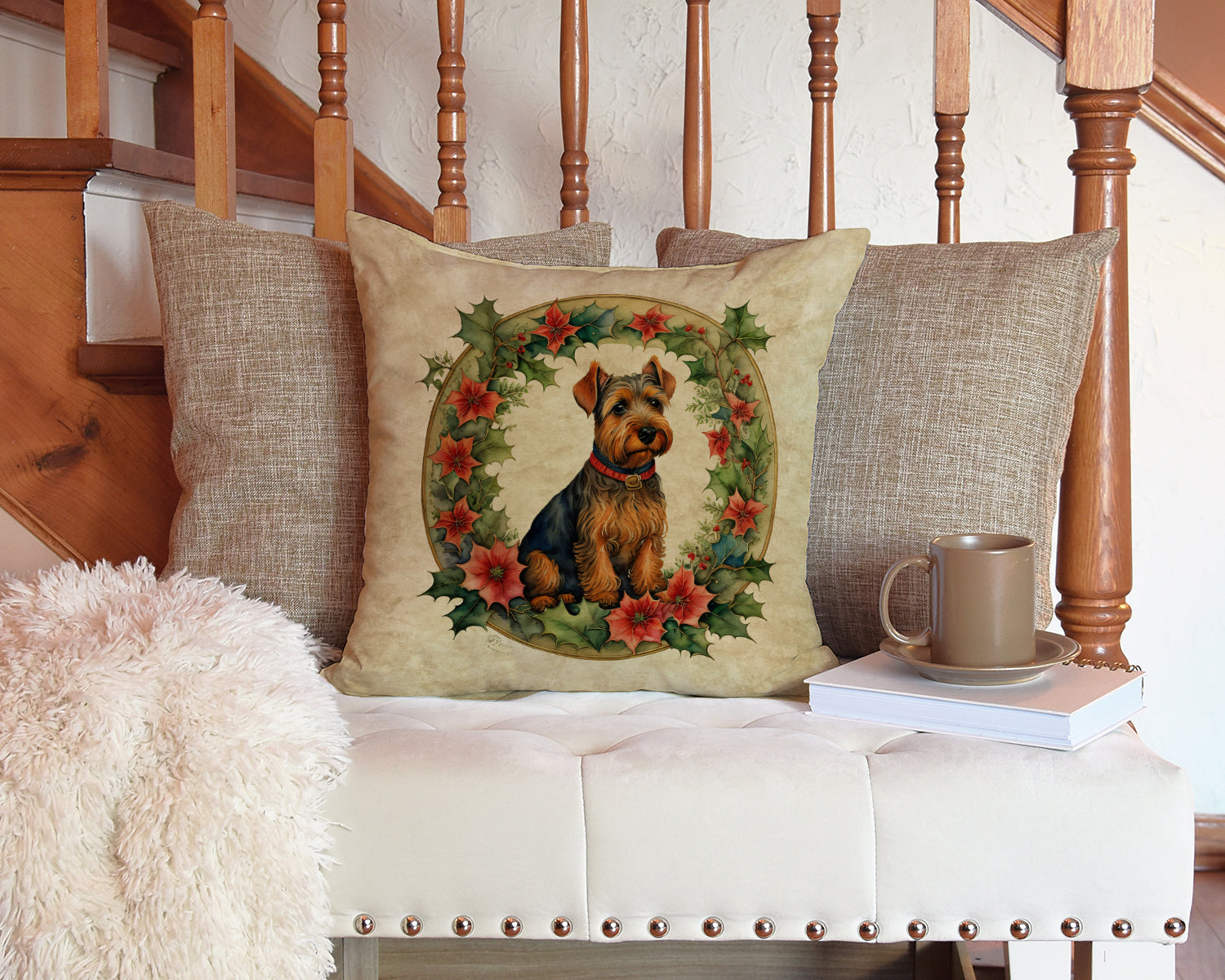 Welsh Terrier Christmas Flowers Throw Pillow