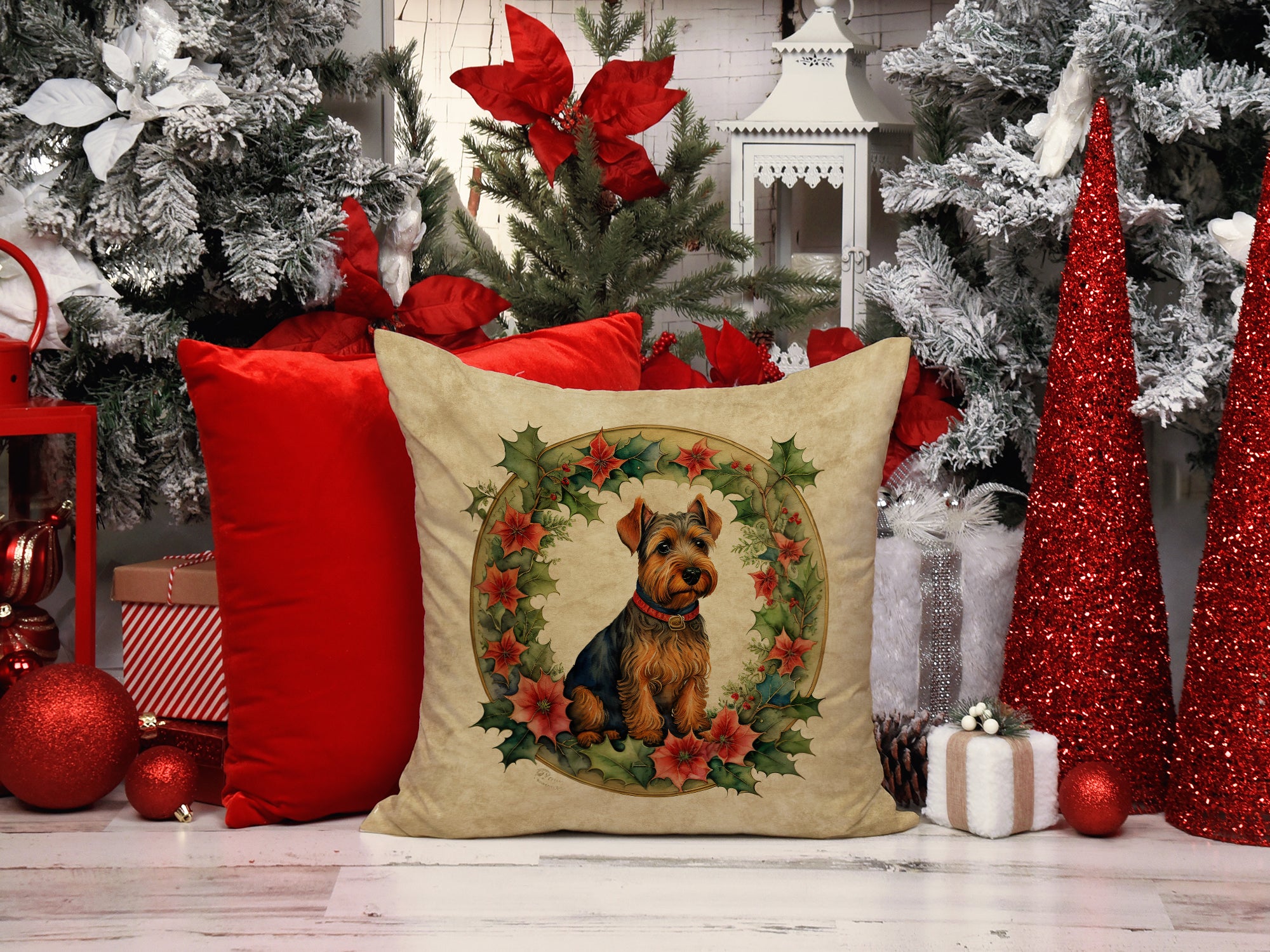 Welsh Terrier Christmas Flowers Throw Pillow