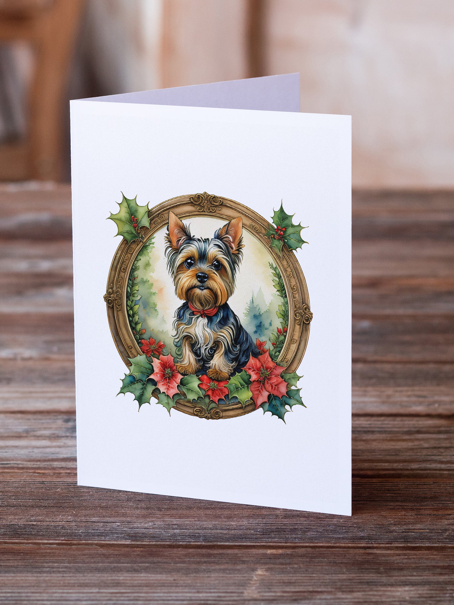 Yorkie Christmas Flowers Greeting Cards Pack of 8