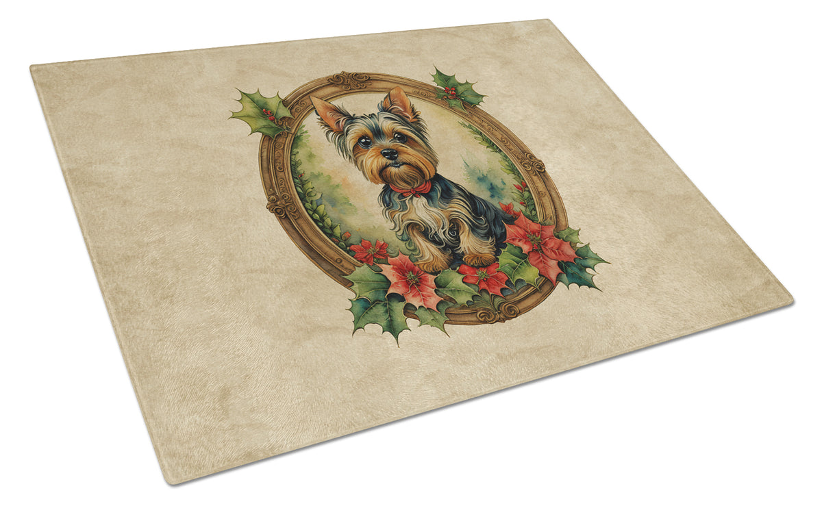 Buy this Yorkie Christmas Flowers Glass Cutting Board