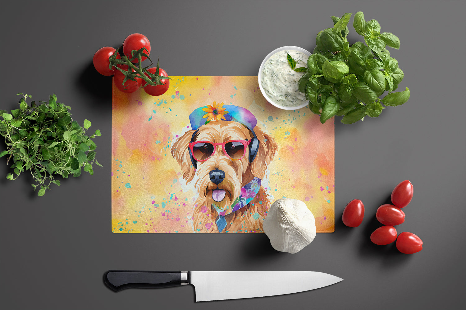 Airedale Terrier Hippie Dawg Glass Cutting Board Large
