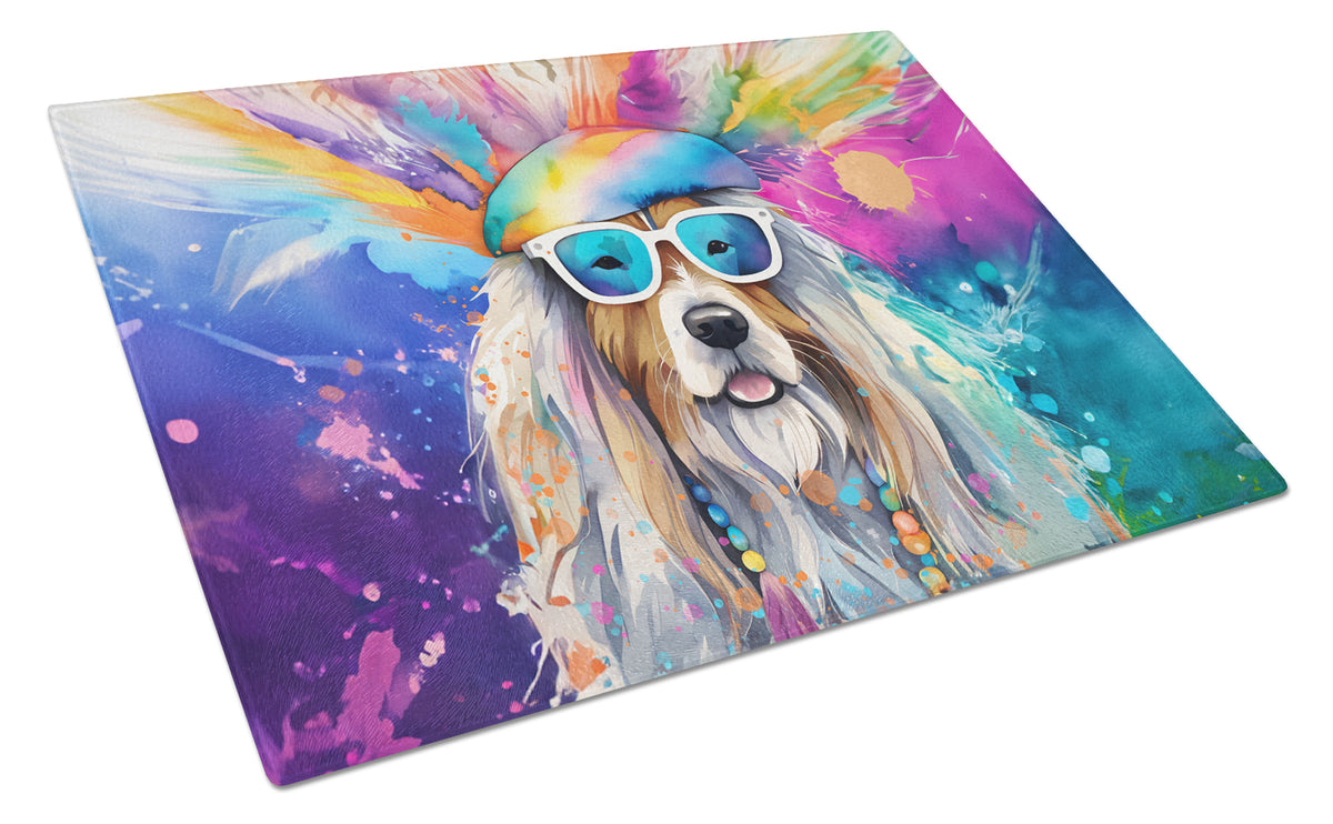 Buy this Bearded Collie Hippie Dawg Glass Cutting Board Large