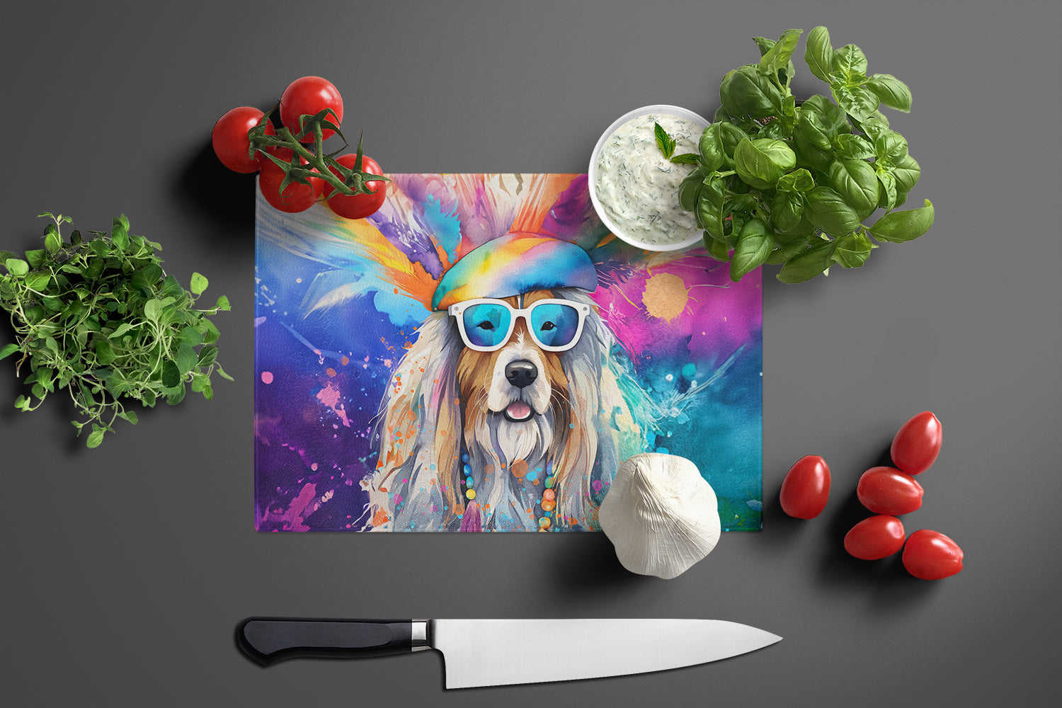Bearded Collie Hippie Dawg Glass Cutting Board Large