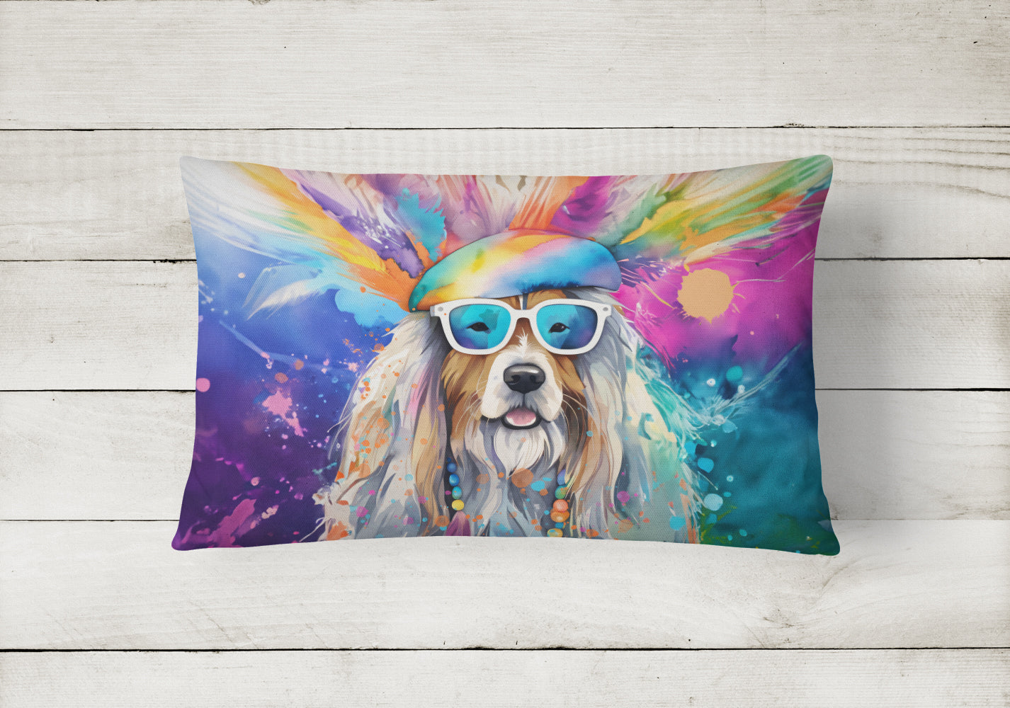 Bearded Collie Hippie Dawg Fabric Decorative Pillow