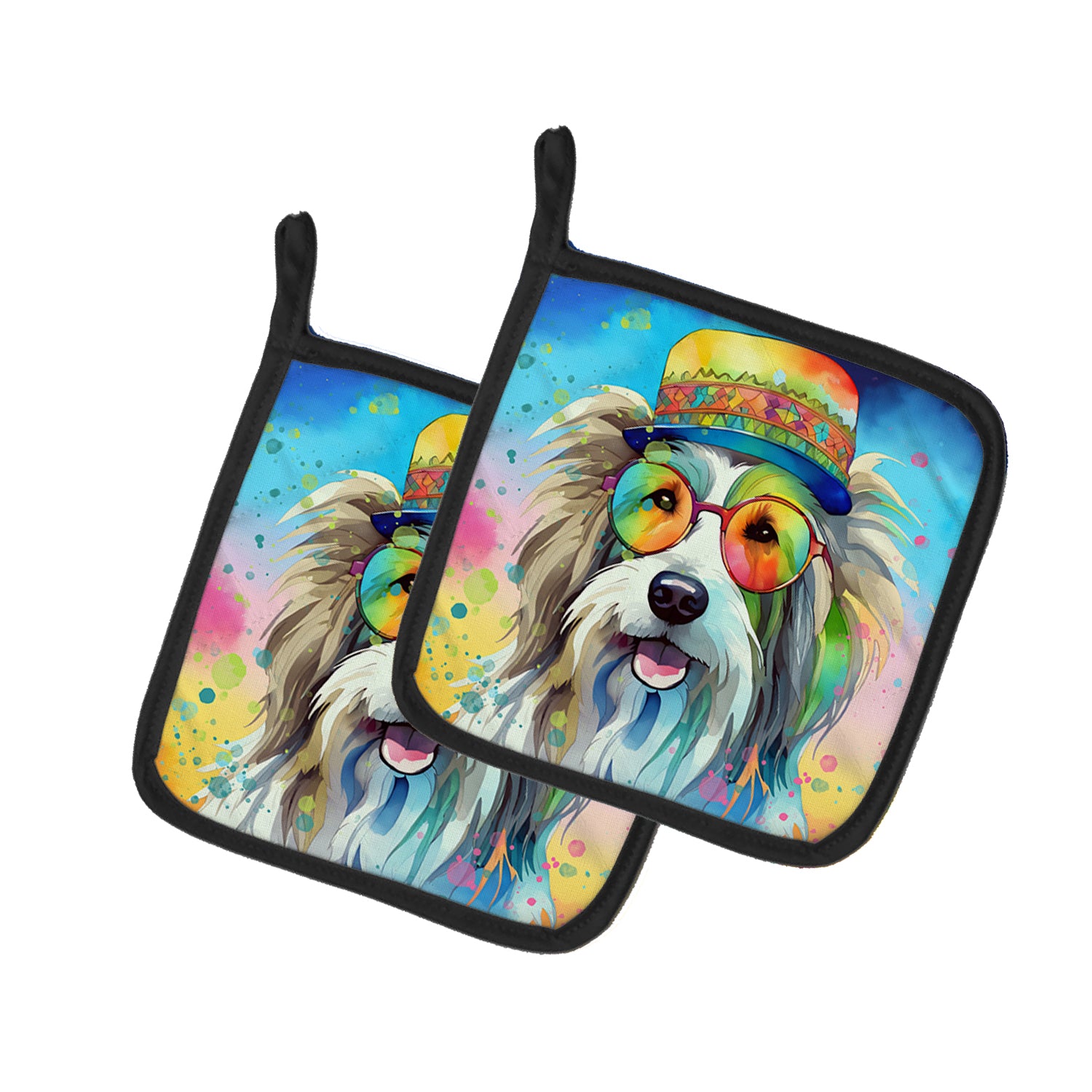 Buy this Bearded Collie Hippie Dawg Pair of Pot Holders